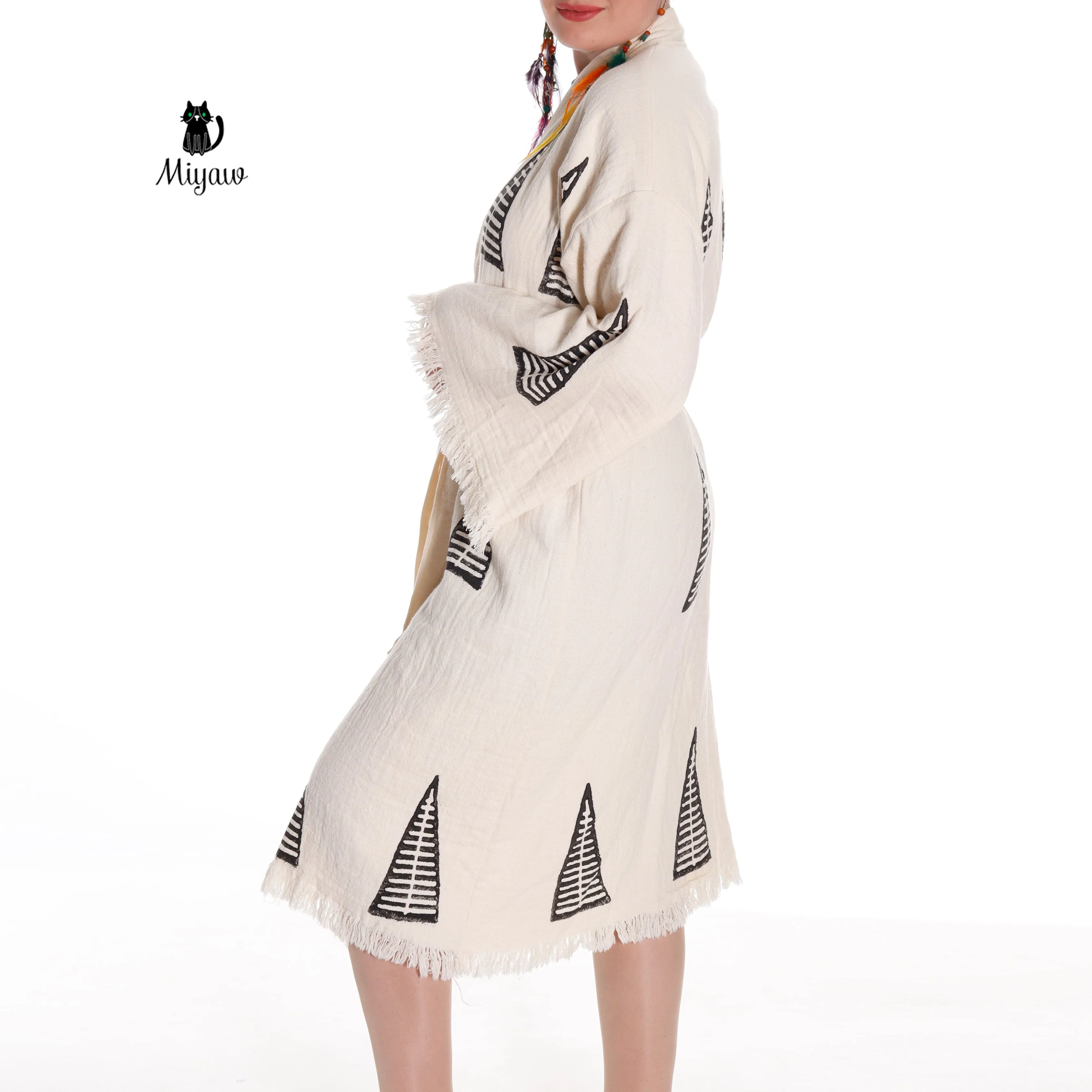 Handcrafted Organic Cotton Boho Beach Kimono Robe with Pyramid Stamp sold by Miyaw Fashion