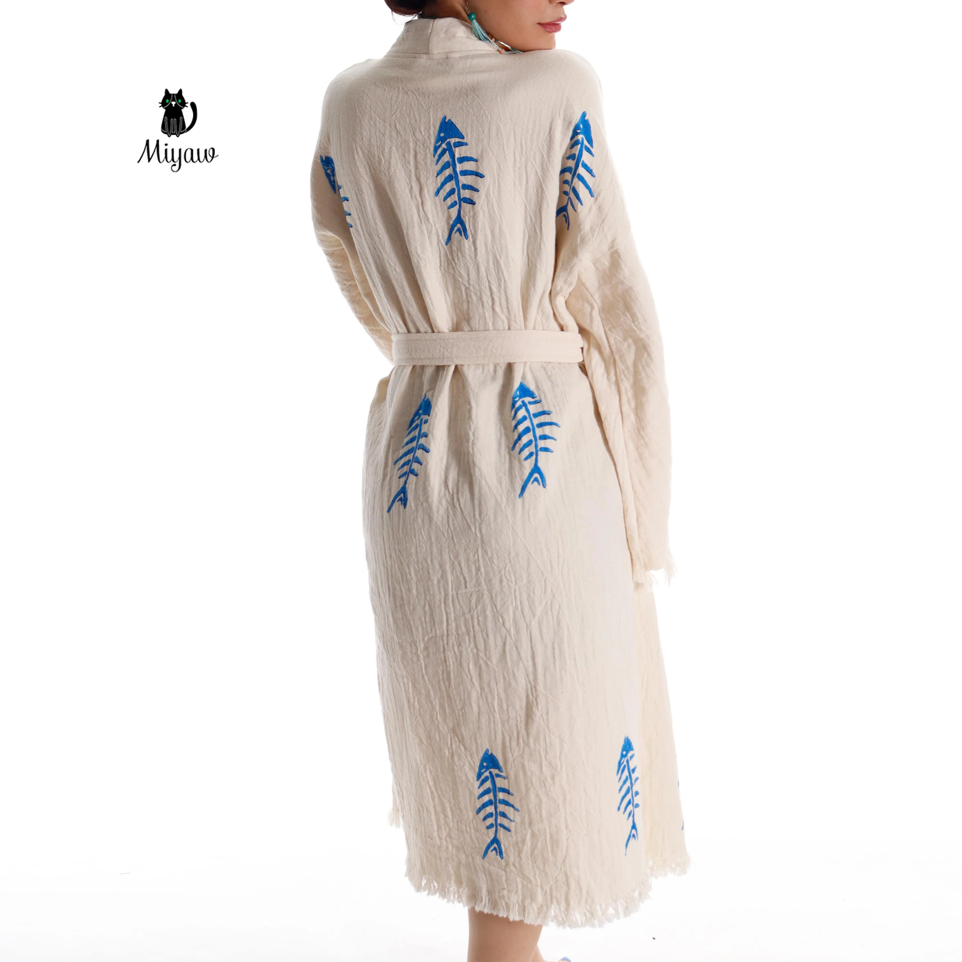 Handmade Boho Fishbone Stamped Robe in Organic Cotton sold by Miyaw Fashion product image thumbnail 4