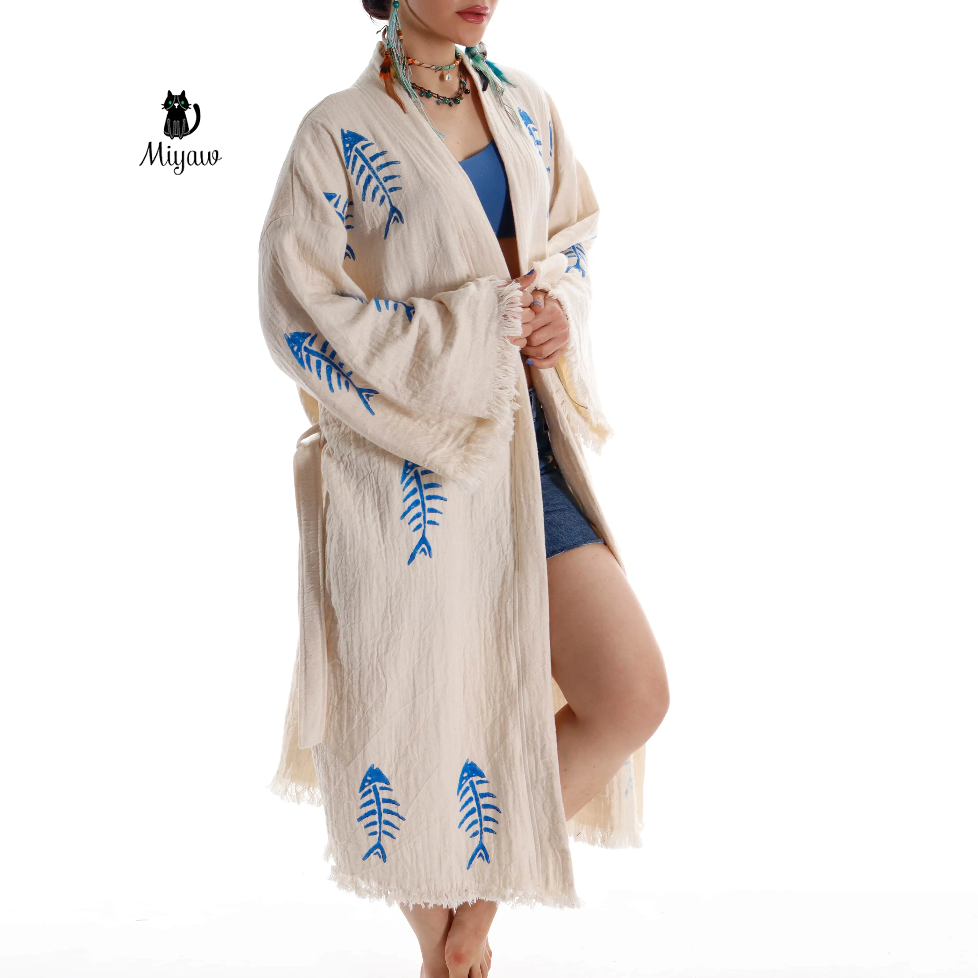 Handmade Boho Fishbone Stamped Robe in Organic Cotton sold by Miyaw Fashion