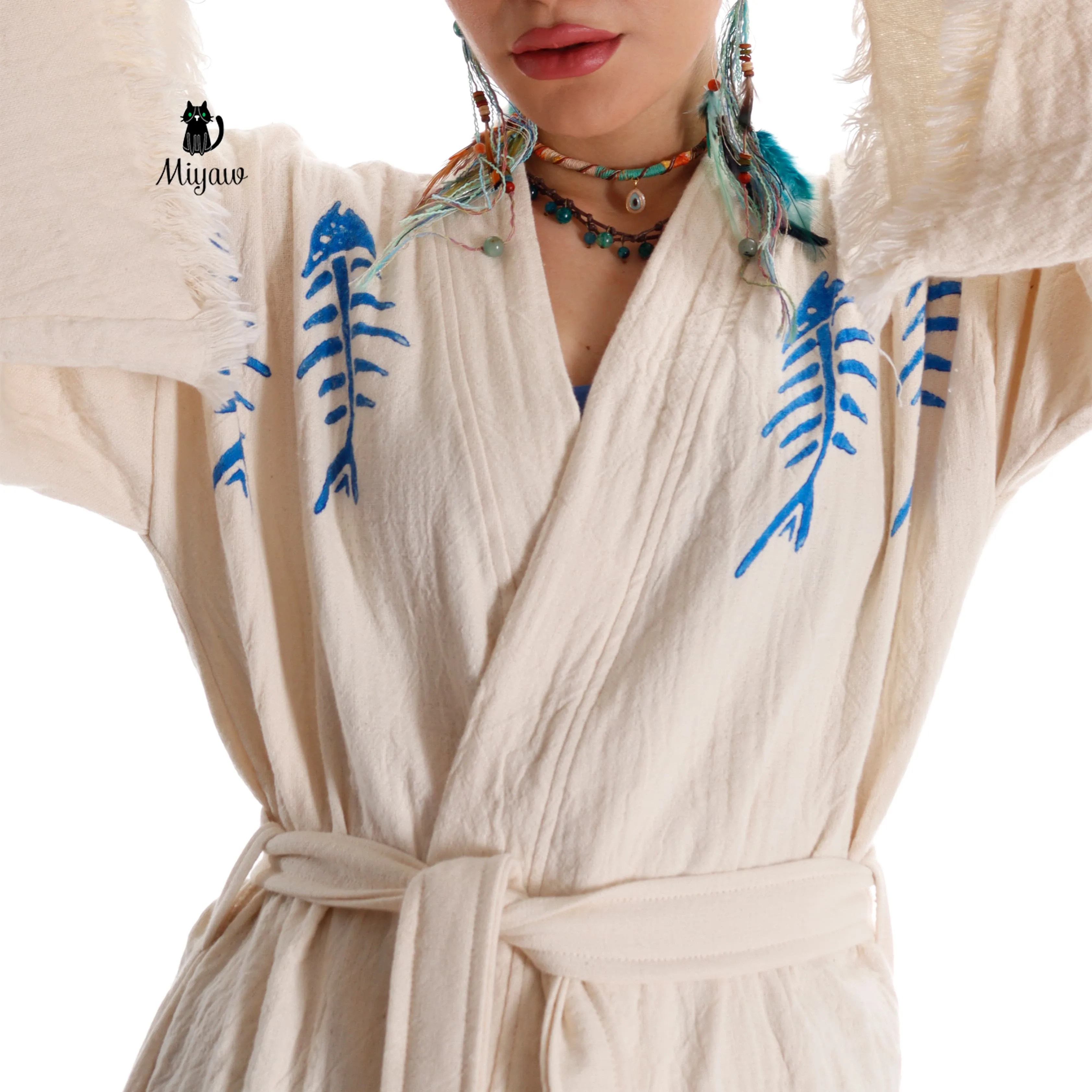 Handmade Boho Fishbone Stamped Robe in Organic Cotton sold by Miyaw Fashion product image thumbnail 2