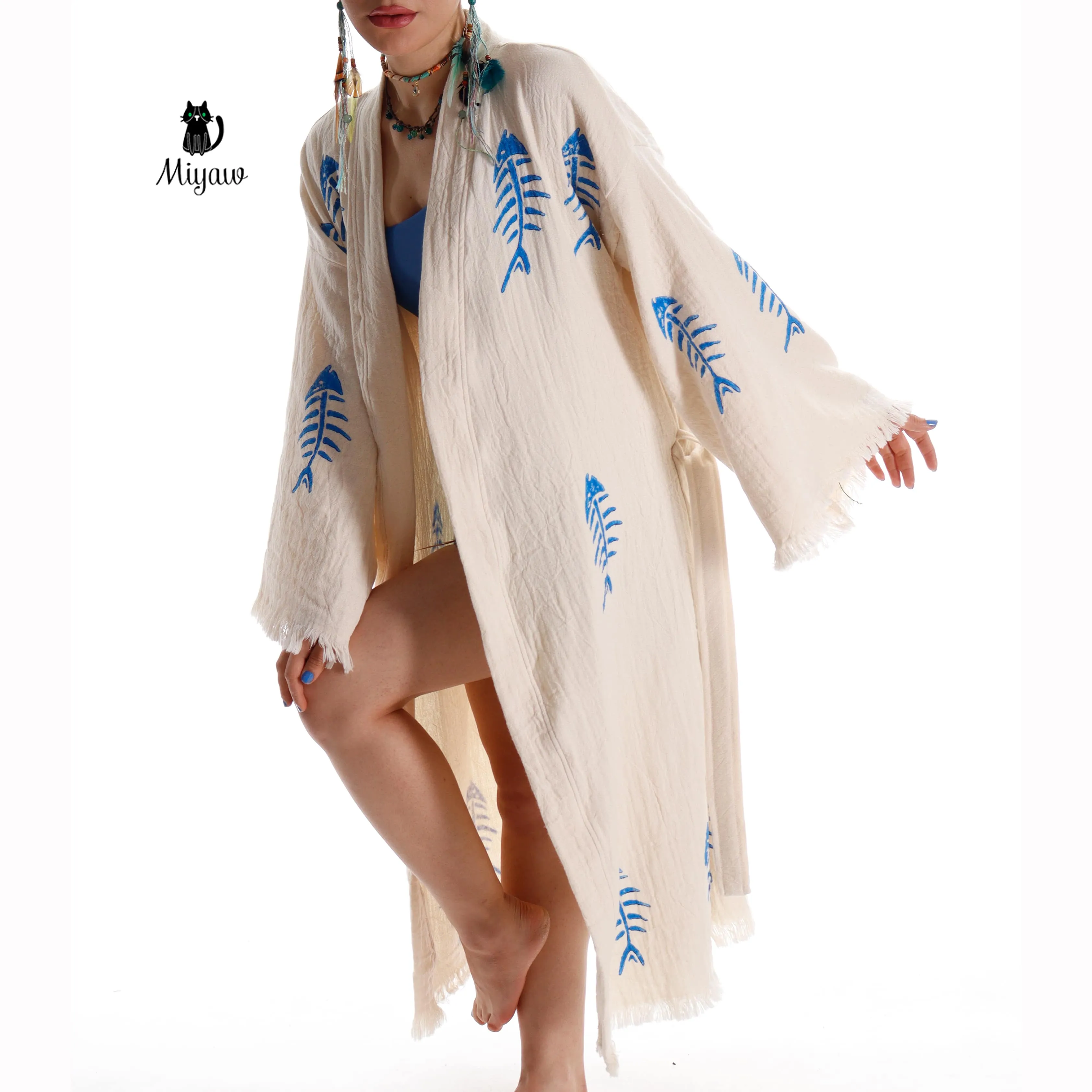 Handmade Boho Fishbone Stamped Robe in Organic Cotton sold by Miyaw Fashion product image thumbnail 3