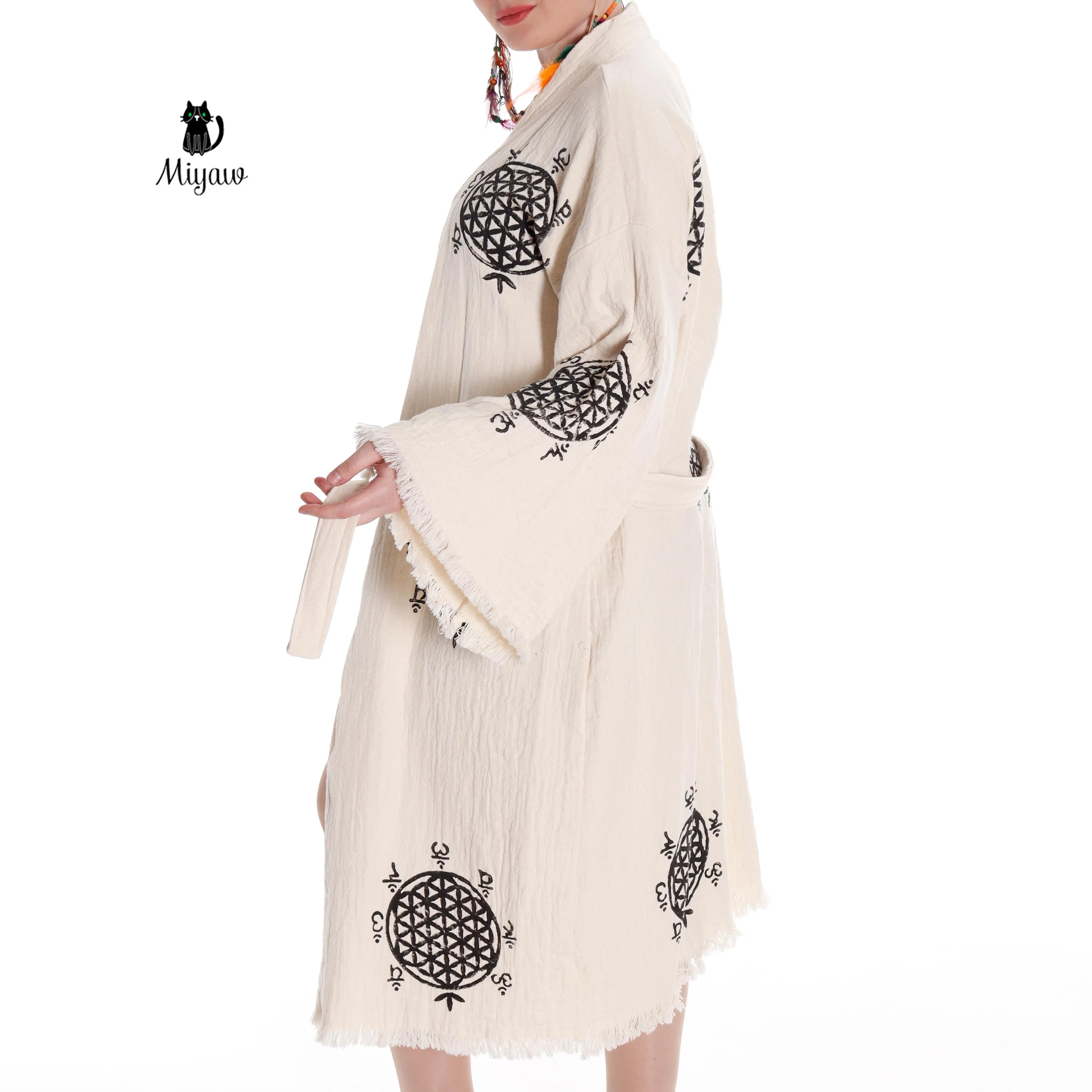 Boho Flower of Life Print Beach Kimono Robe // Handcrafted Organic Cotton Cover-Up sold by Miyaw Fashion product image thumbnail 4