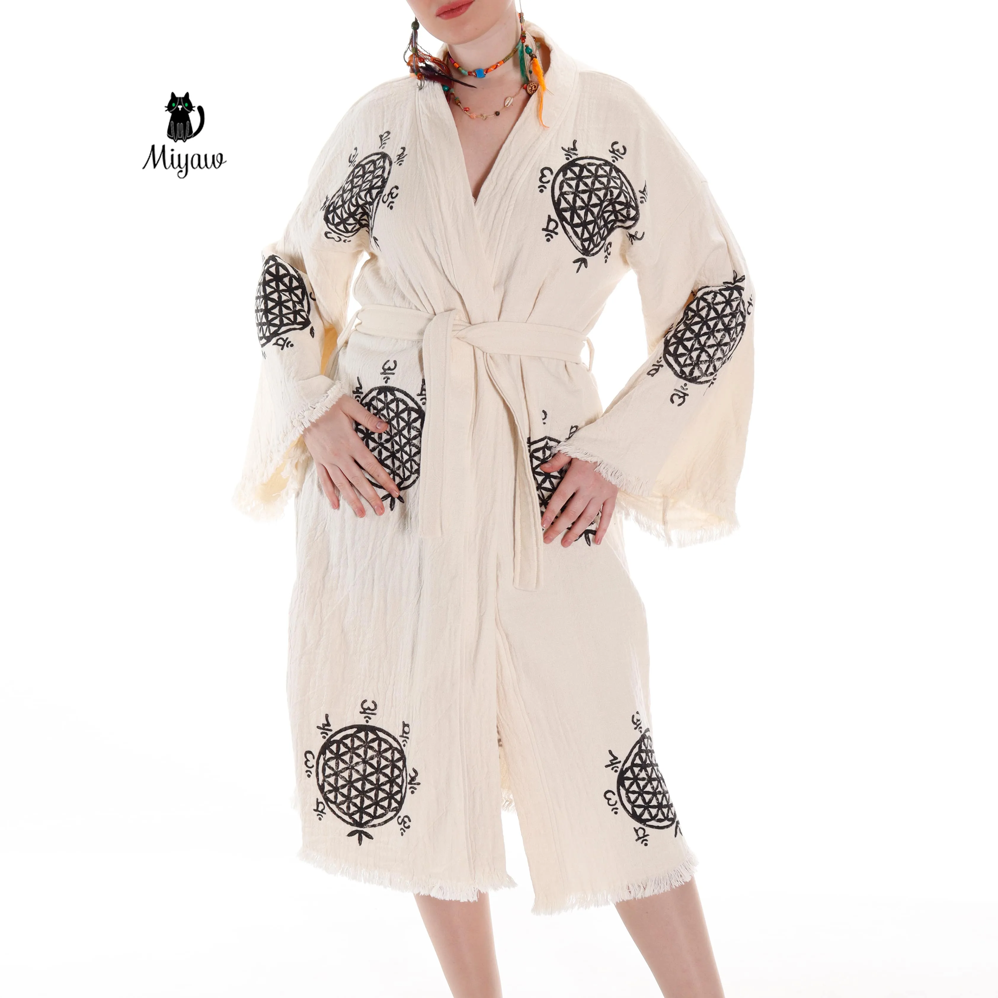 Boho Flower of Life Print Beach Kimono Robe // Handcrafted Organic Cotton Cover-Up sold by Miyaw Fashion product image thumbnail 5