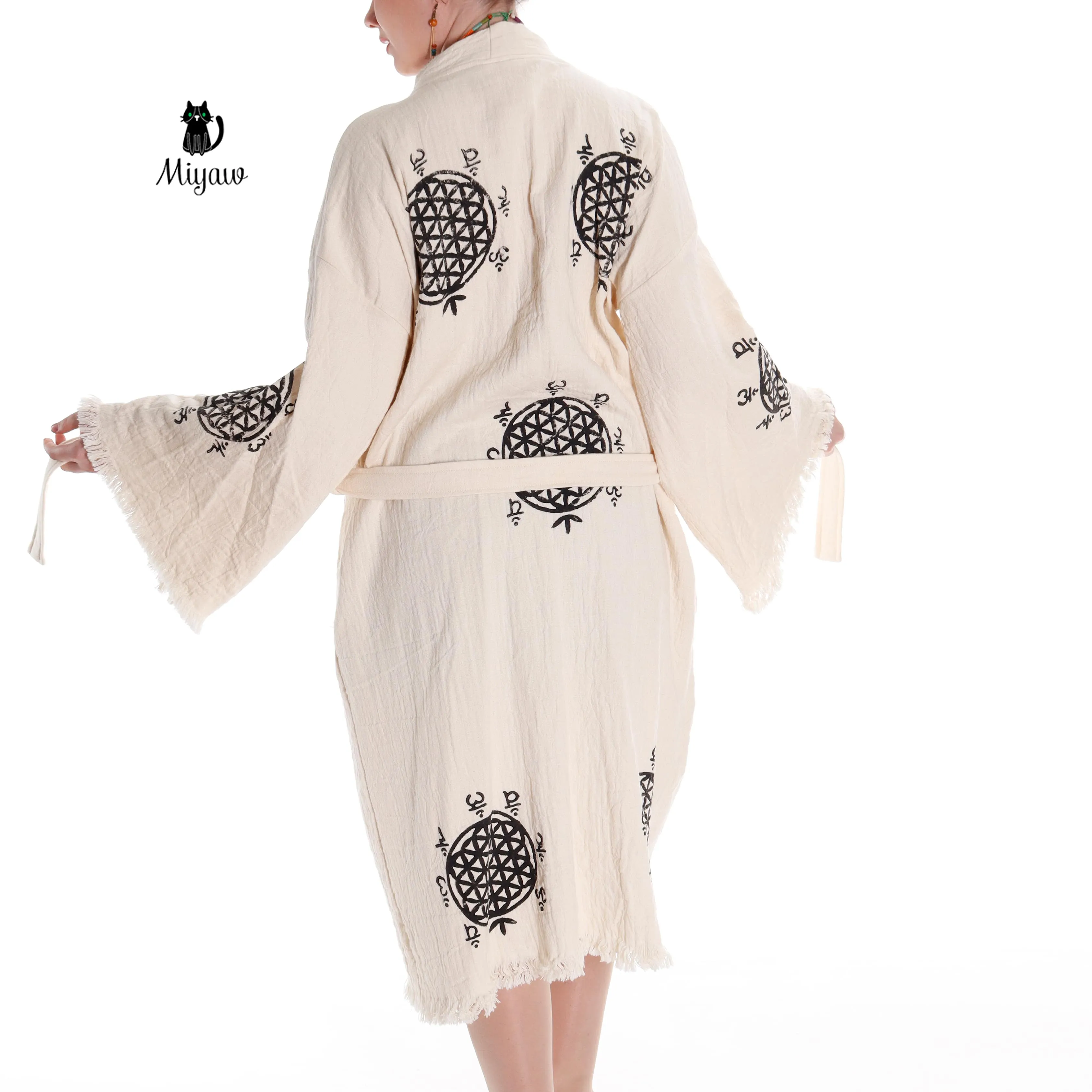Boho Flower of Life Print Beach Kimono Robe // Handcrafted Organic Cotton Cover-Up sold by Miyaw Fashion product image thumbnail 3