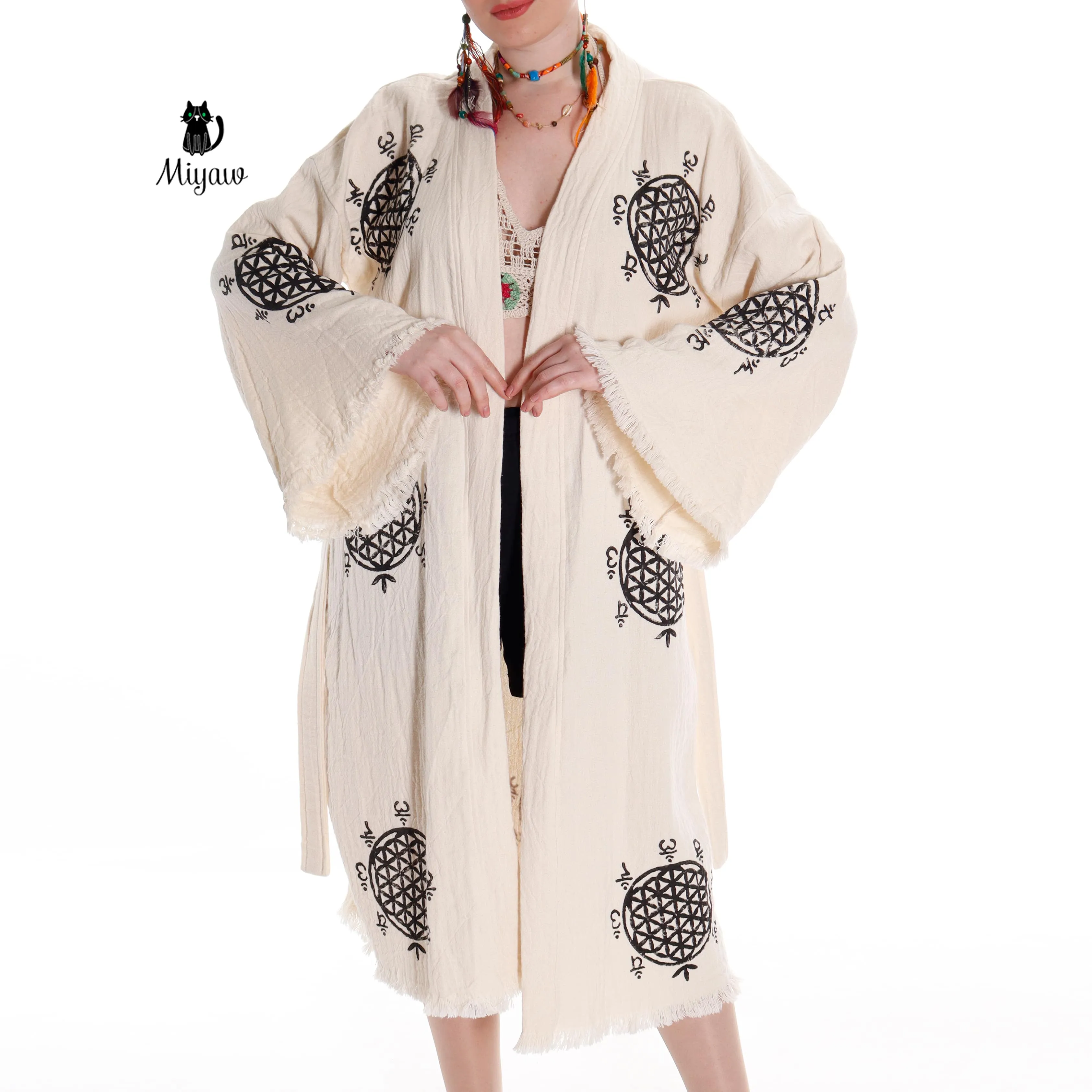Boho Flower of Life Print Beach Kimono Robe // Handcrafted Organic Cotton Cover-Up sold by Miyaw Fashion