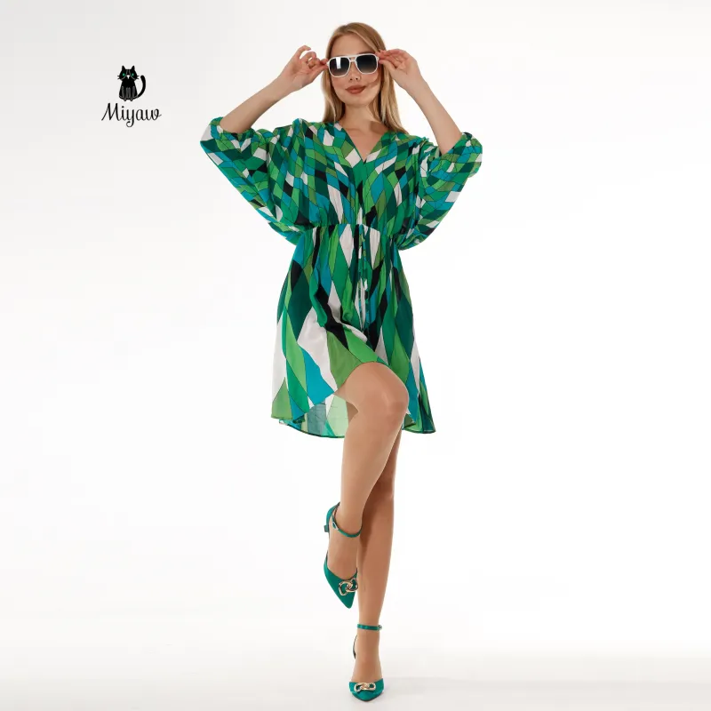 Whimsical V-Neck Mini Dress in Green with Abstract Print, Fairy Style sold by Miyaw Fashion