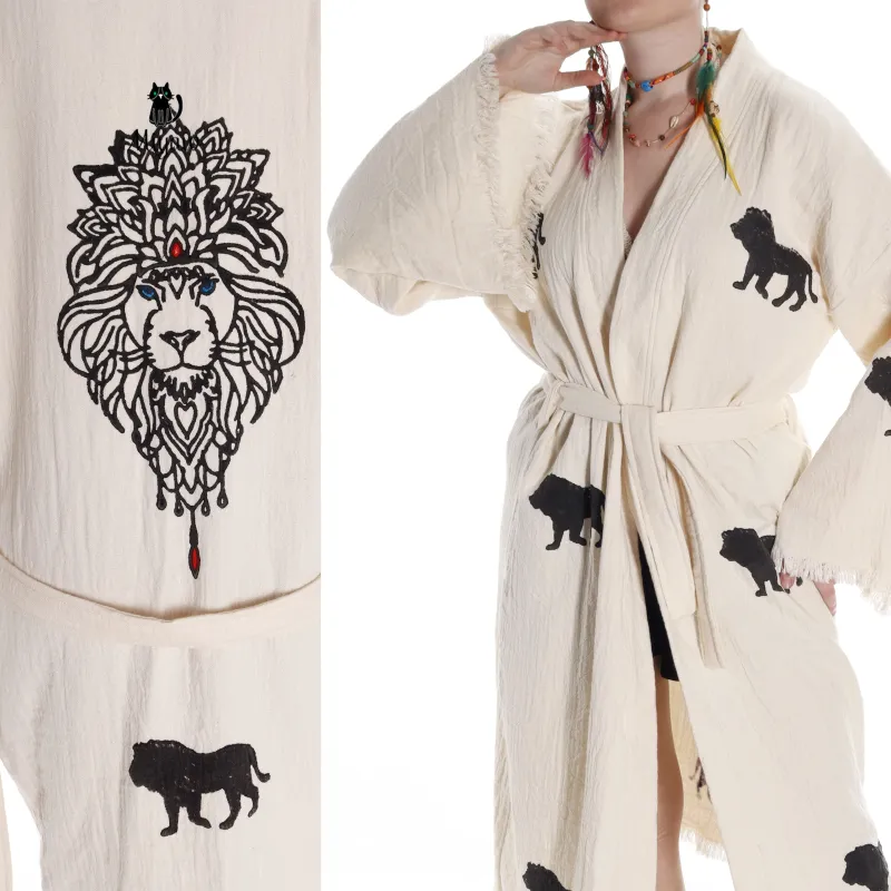 Boho Lion Stamped Beach Kimono Robe - Handcrafted Bohemian Cover-Up sold by Miyaw Fashion