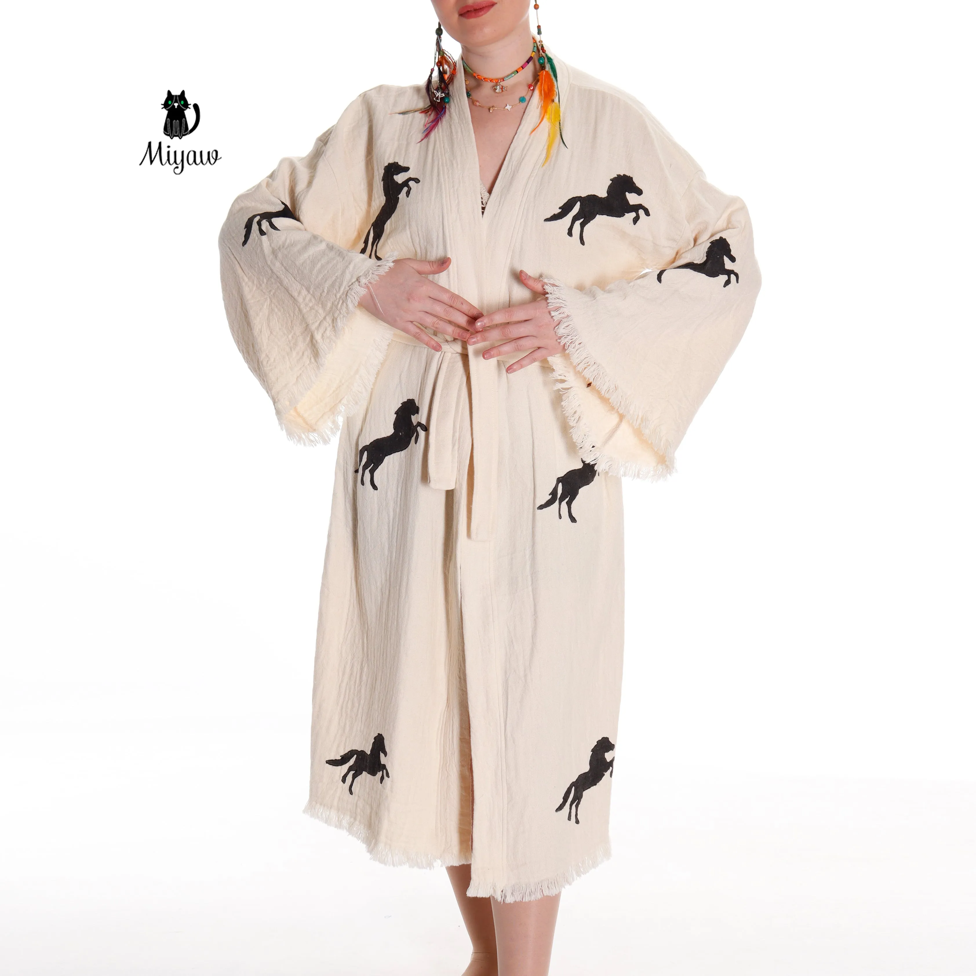Organic Cotton Boho Beach Kimono Robe | Black Horse Stamp Design sold by Miyaw Fashion product image thumbnail 2