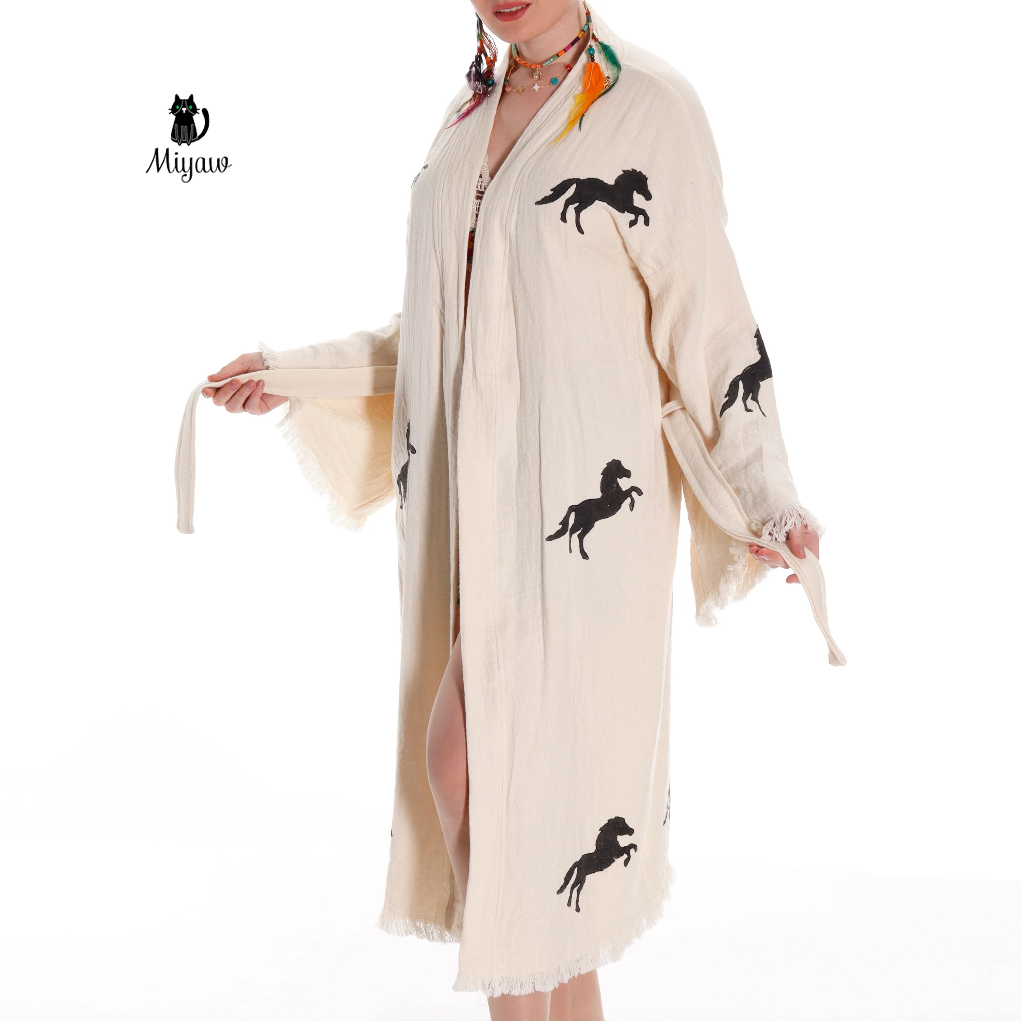 Organic Cotton Boho Beach Kimono Robe | Black Horse Stamp Design sold by Miyaw Fashion product image thumbnail 4