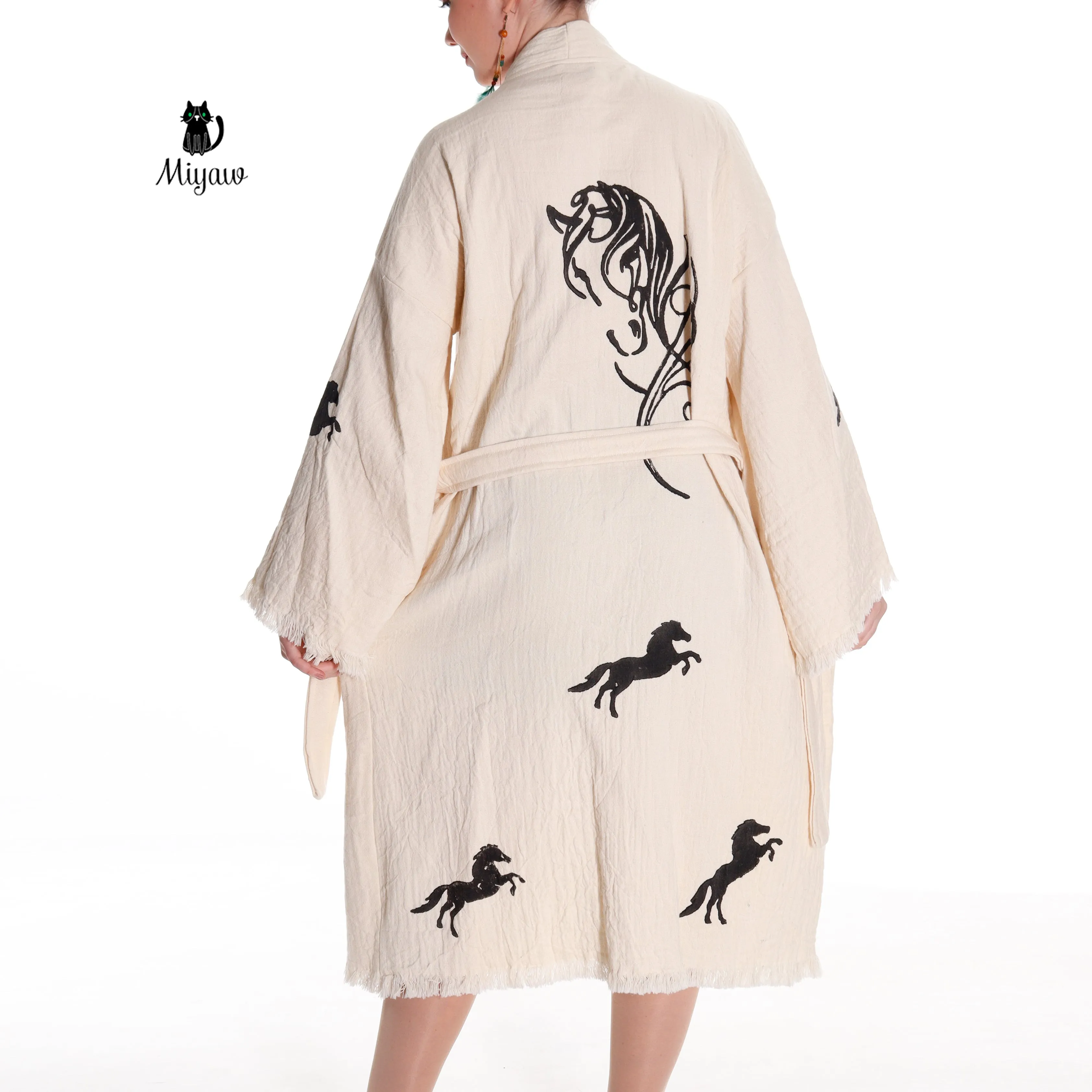 Organic Cotton Boho Beach Kimono Robe | Black Horse Stamp Design sold by Miyaw Fashion