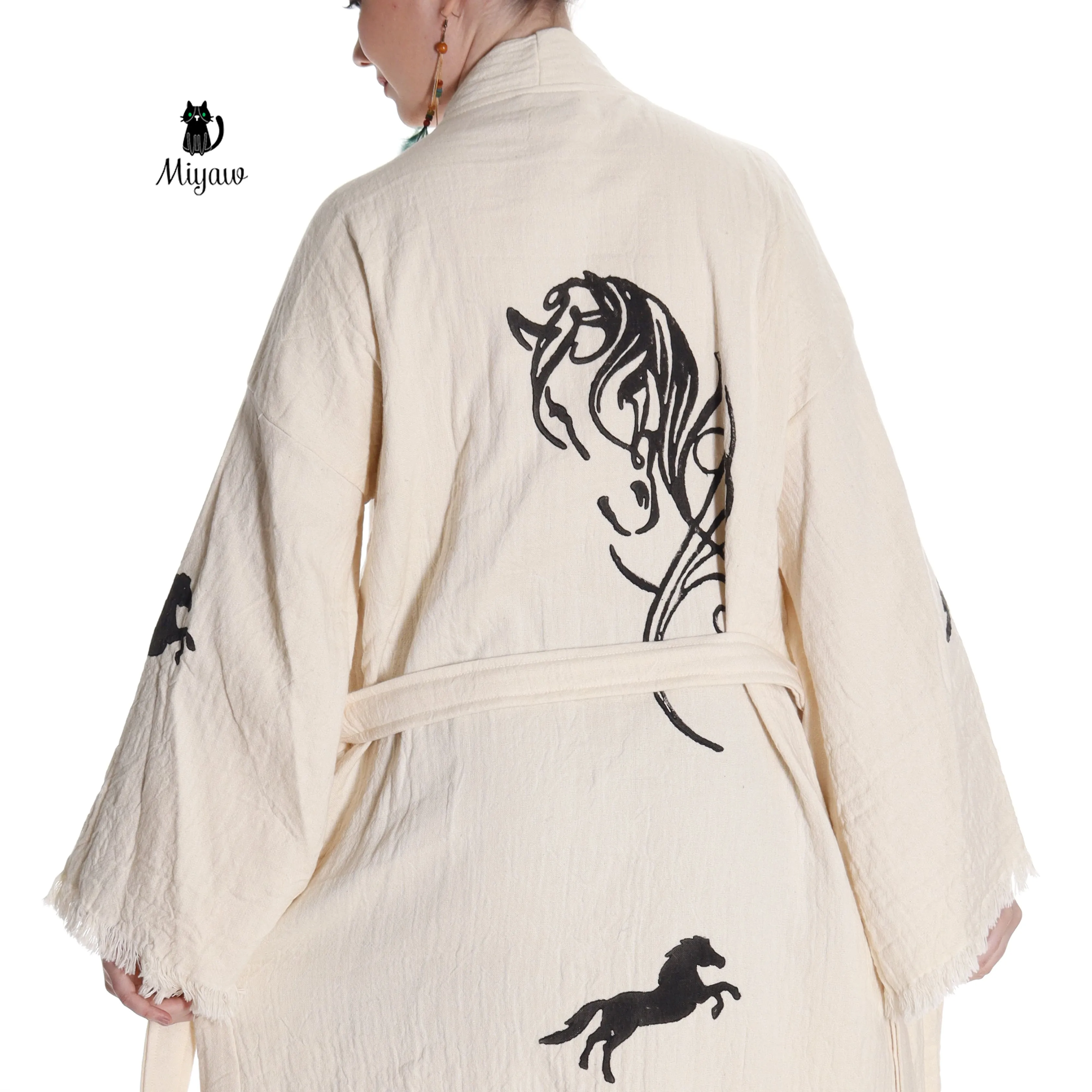 Organic Cotton Boho Beach Kimono Robe | Black Horse Stamp Design sold by Miyaw Fashion product image thumbnail 3