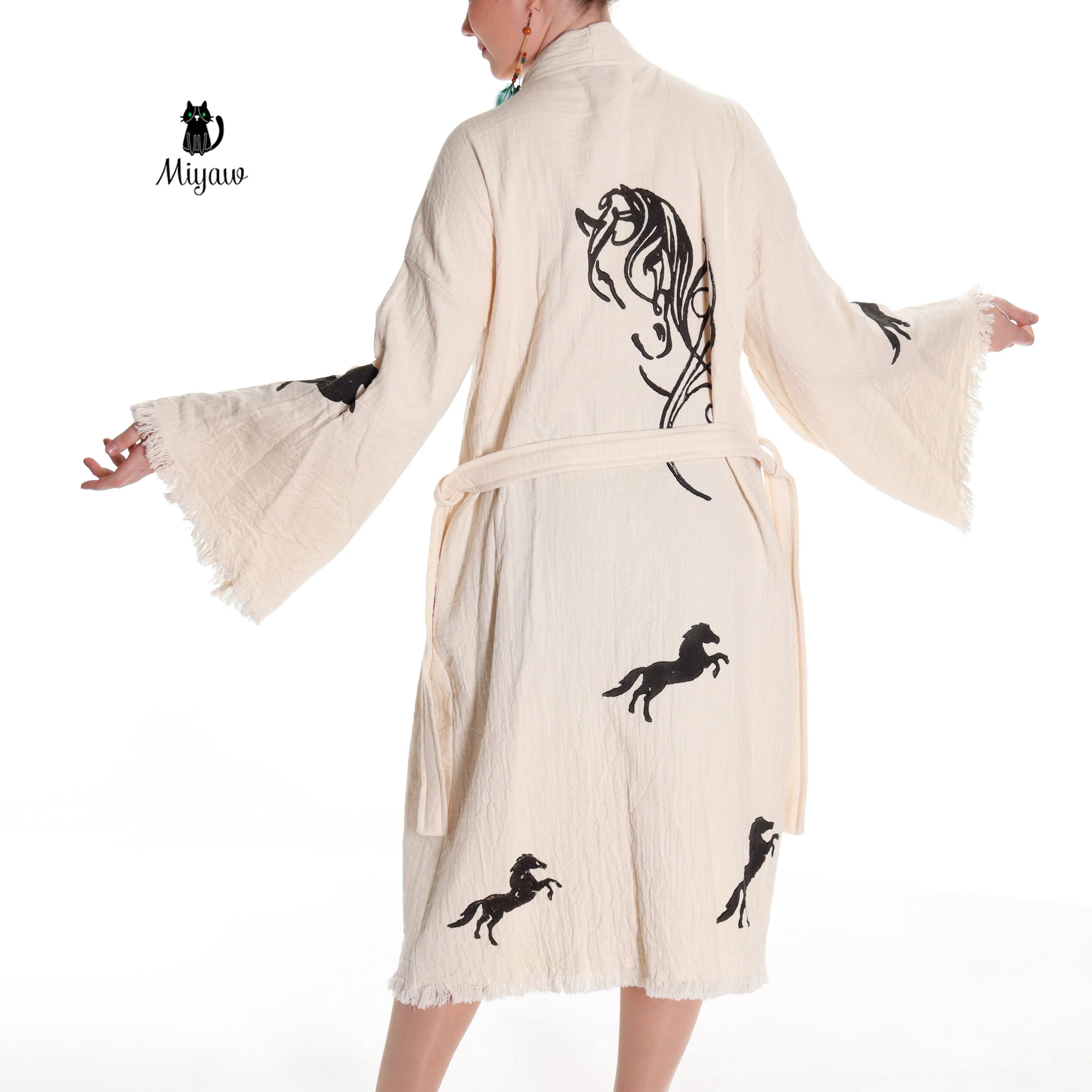 Organic Cotton Boho Beach Kimono Robe | Black Horse Stamp Design sold by Miyaw Fashion product image thumbnail 5
