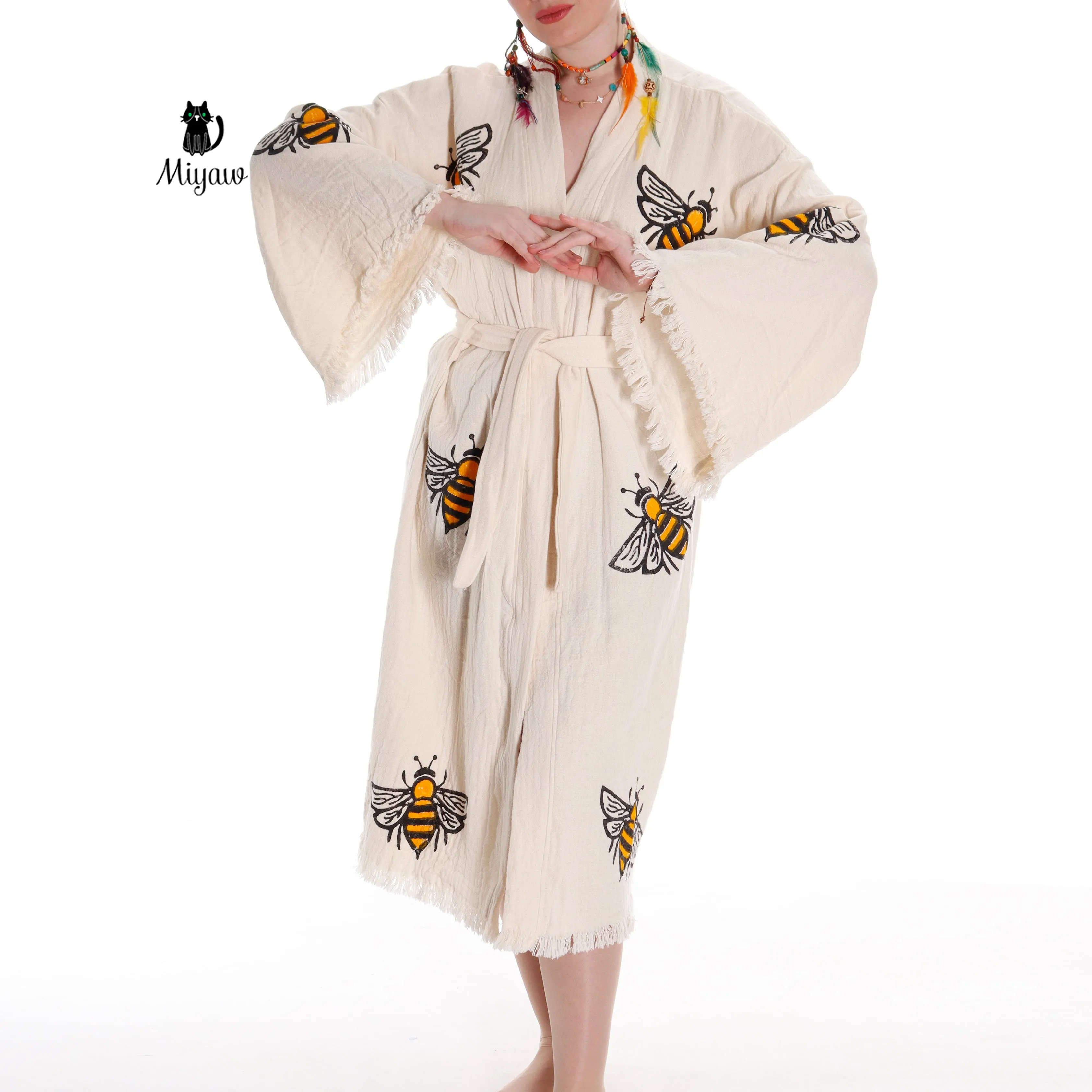 Handcrafted Boho Bee Printed Cover Up in Eco-Friendly Cotton sold by Miyaw Fashion