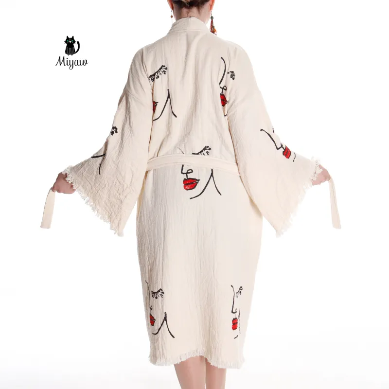 Organic Cotton Beach Kimono Robe with Handcrafted Woman's Face Stamp sold by Miyaw Fashion