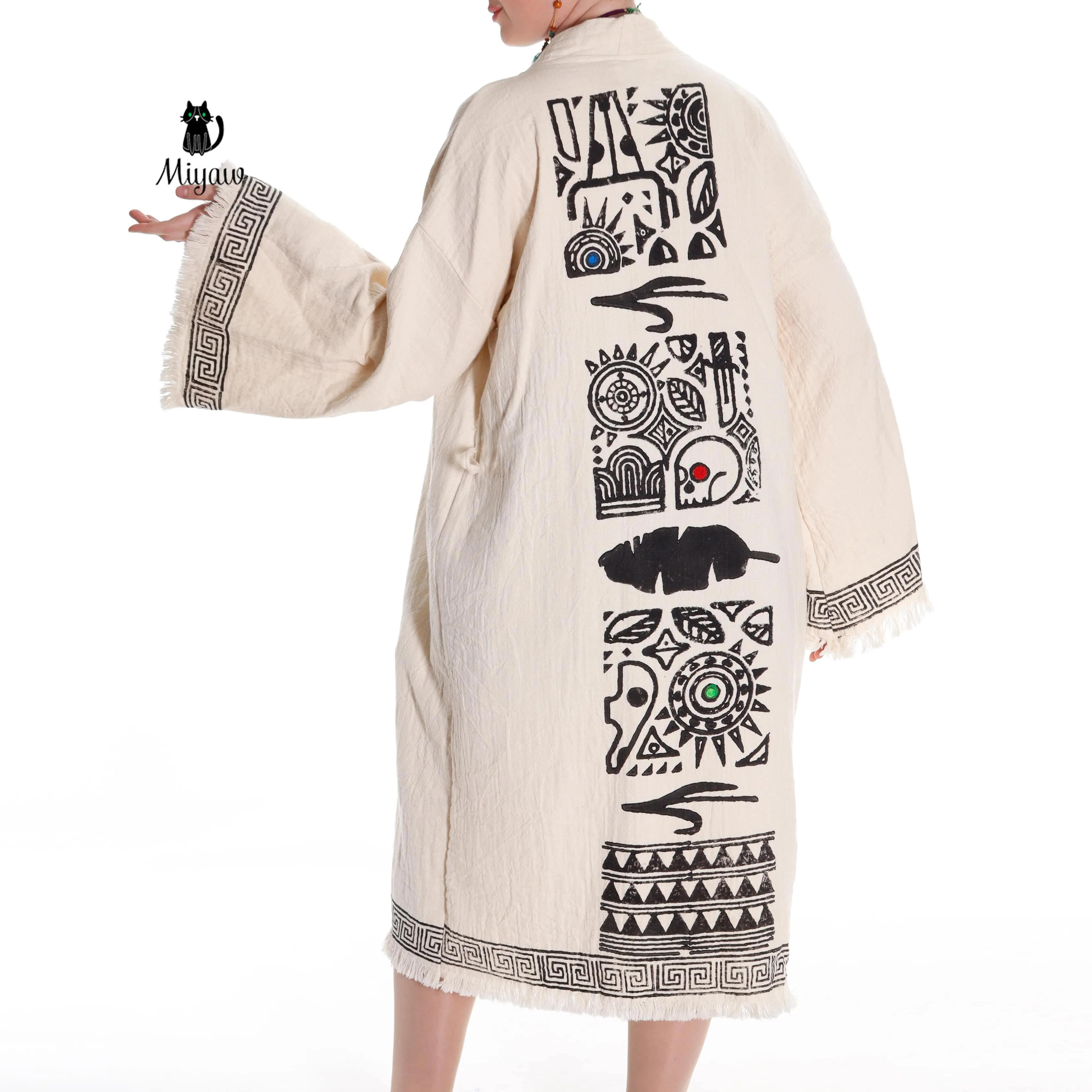 Boho Style Greek Stamped Beach Kimono - Handcrafted Bohemian Bathrobe sold by Miyaw Fashion product image thumbnail 4