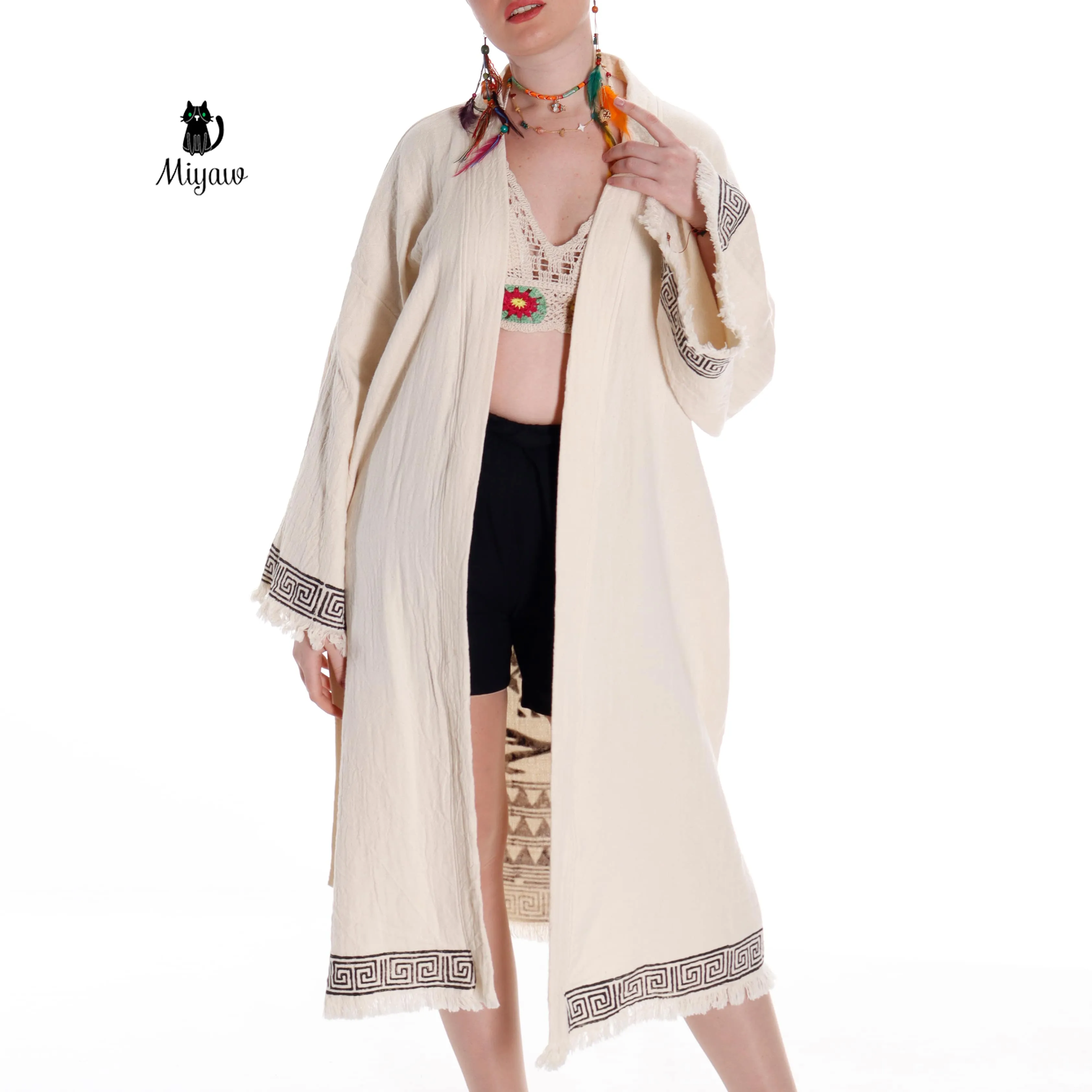 Boho Style Greek Stamped Beach Kimono - Handcrafted Bohemian Bathrobe sold by Miyaw Fashion product image thumbnail 5