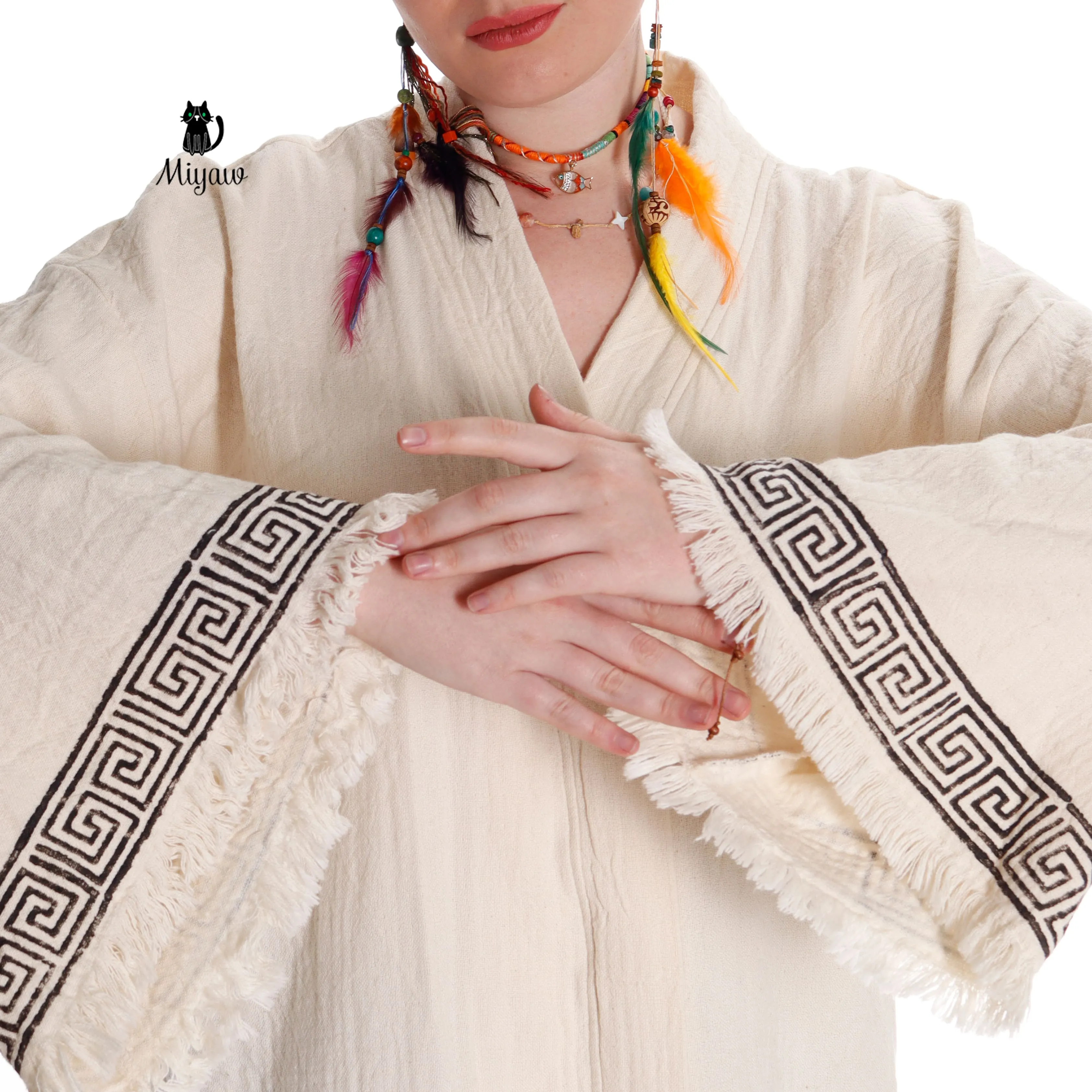 Boho Style Greek Stamped Beach Kimono - Handcrafted Bohemian Bathrobe sold by Miyaw Fashion product image thumbnail 2