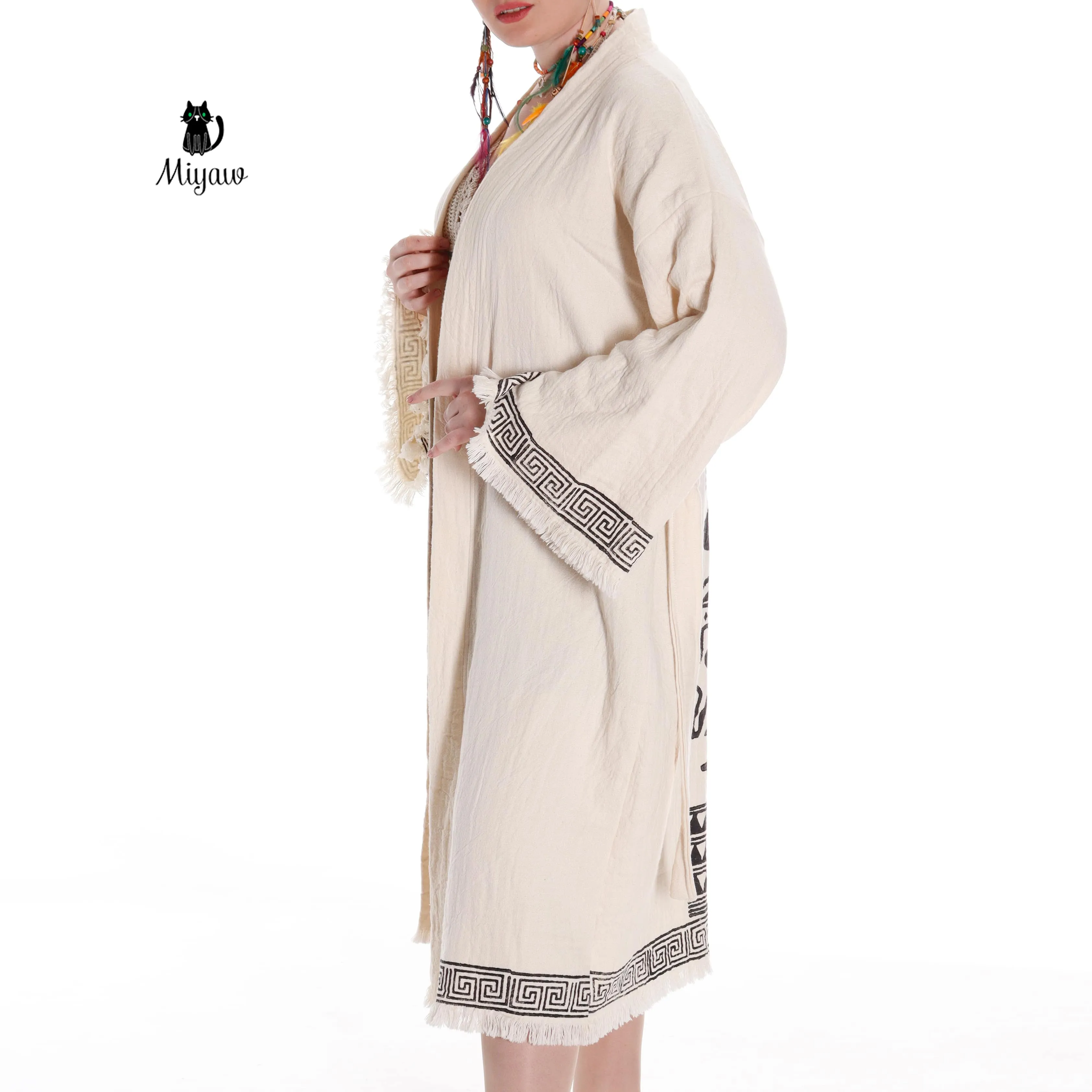 Boho Style Greek Stamped Beach Kimono - Handcrafted Bohemian Bathrobe sold by Miyaw Fashion product image thumbnail 3