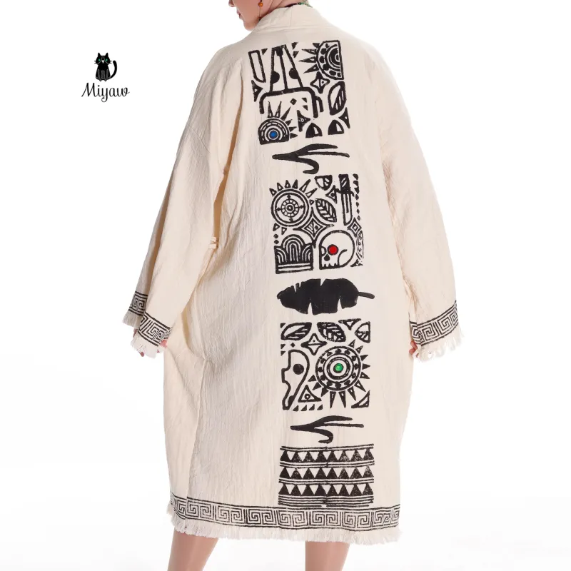 Boho Style Greek Stamped Beach Kimono - Handcrafted Bohemian Bathrobe sold by Miyaw Fashion