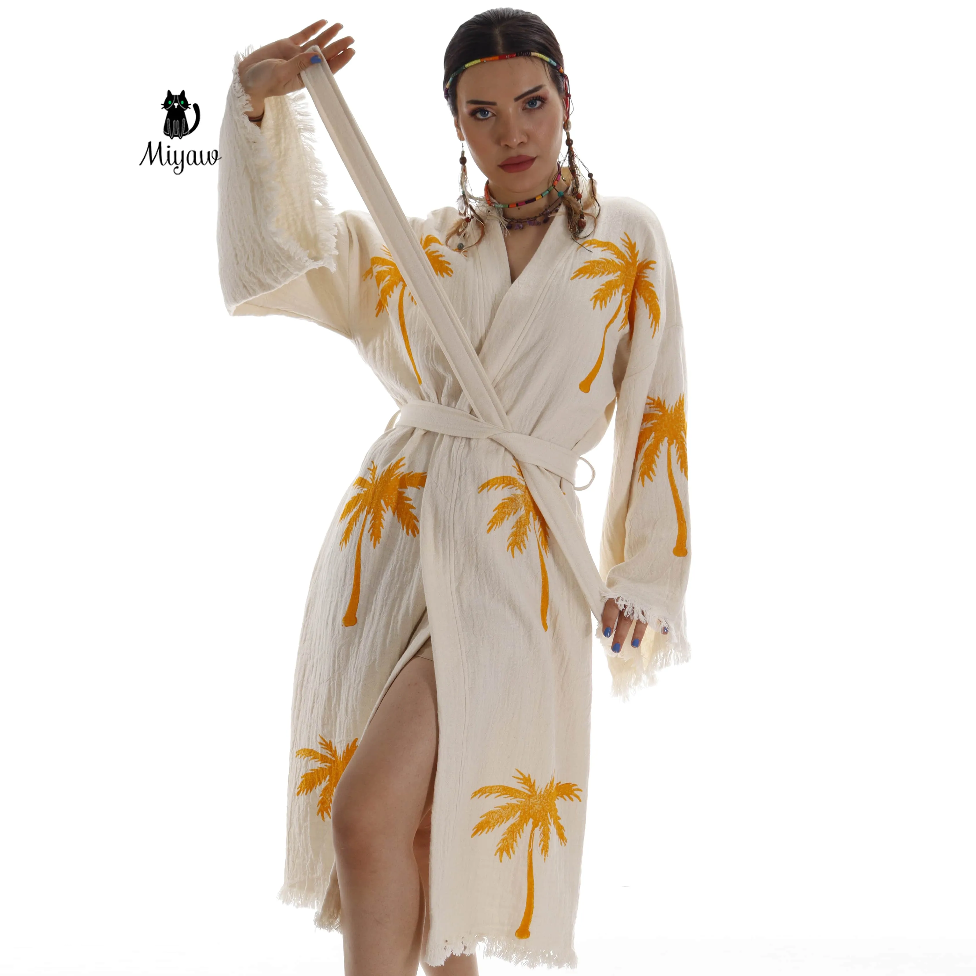Boho Palm Tree Stamped Organic Cotton Kimono Robe - Handcrafted Beach Coverup sold by Miyaw Fashion product image thumbnail 5