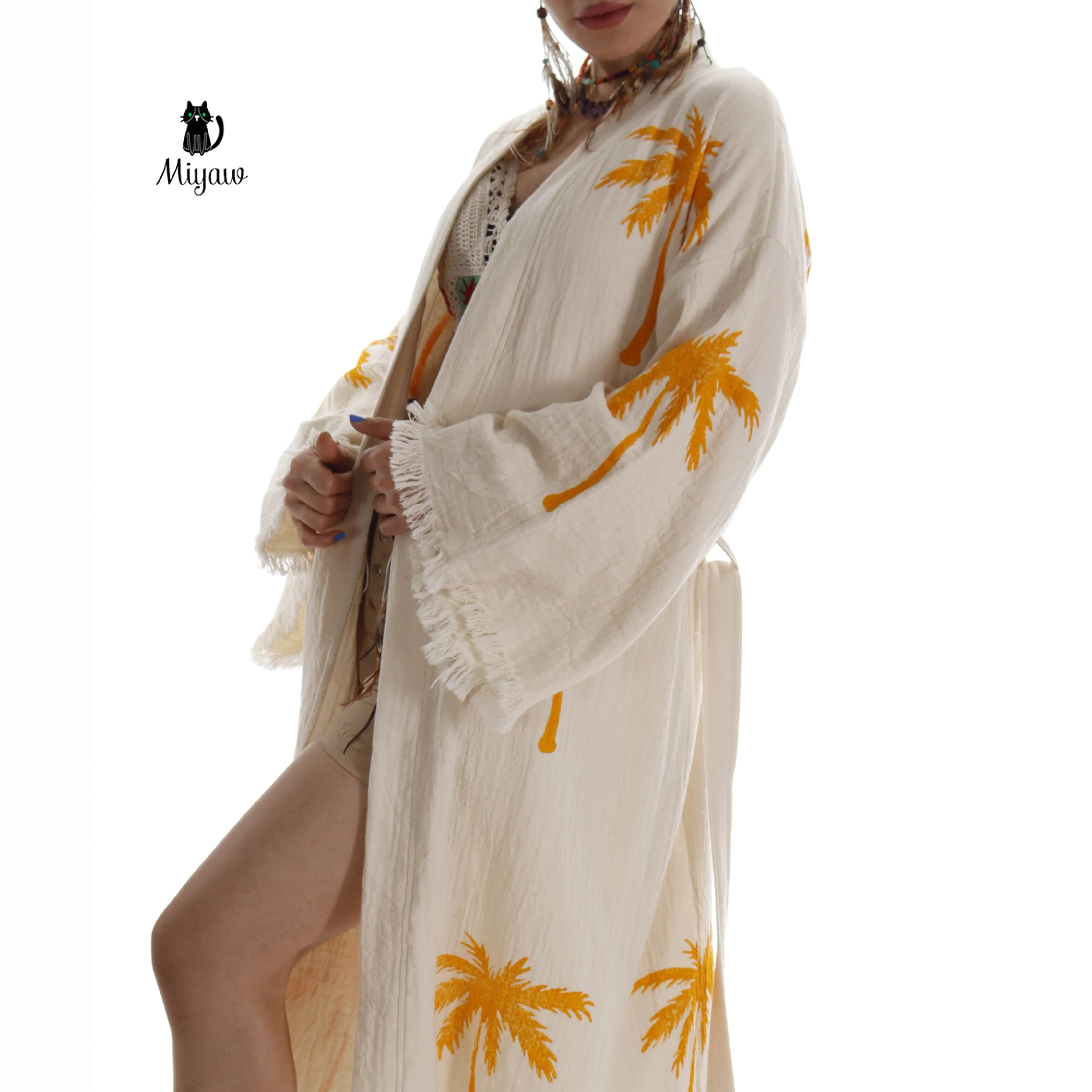 Boho Palm Tree Stamped Organic Cotton Kimono Robe - Handcrafted Beach Coverup sold by Miyaw Fashion product image thumbnail 3
