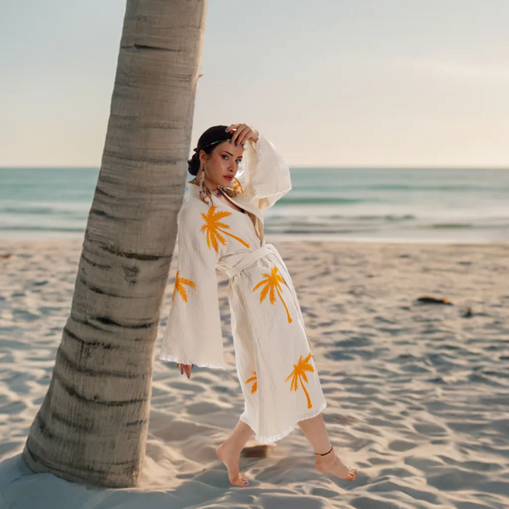 Boho Palm Tree Stamped Organic Cotton Kimono Robe - Handcrafted Beach Coverup sold by Miyaw Fashion product image thumbnail 2