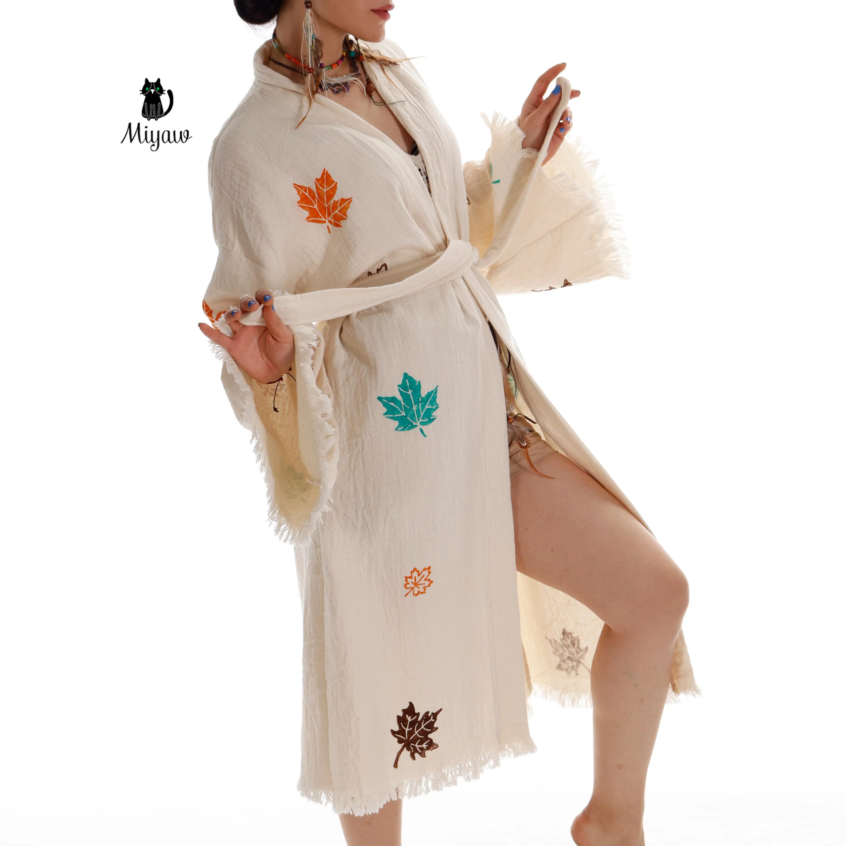 Beach Kimono Robe Boho Style – Colorful Leaf Print, Organic Cotton sold by Miyaw Fashion product image thumbnail 5
