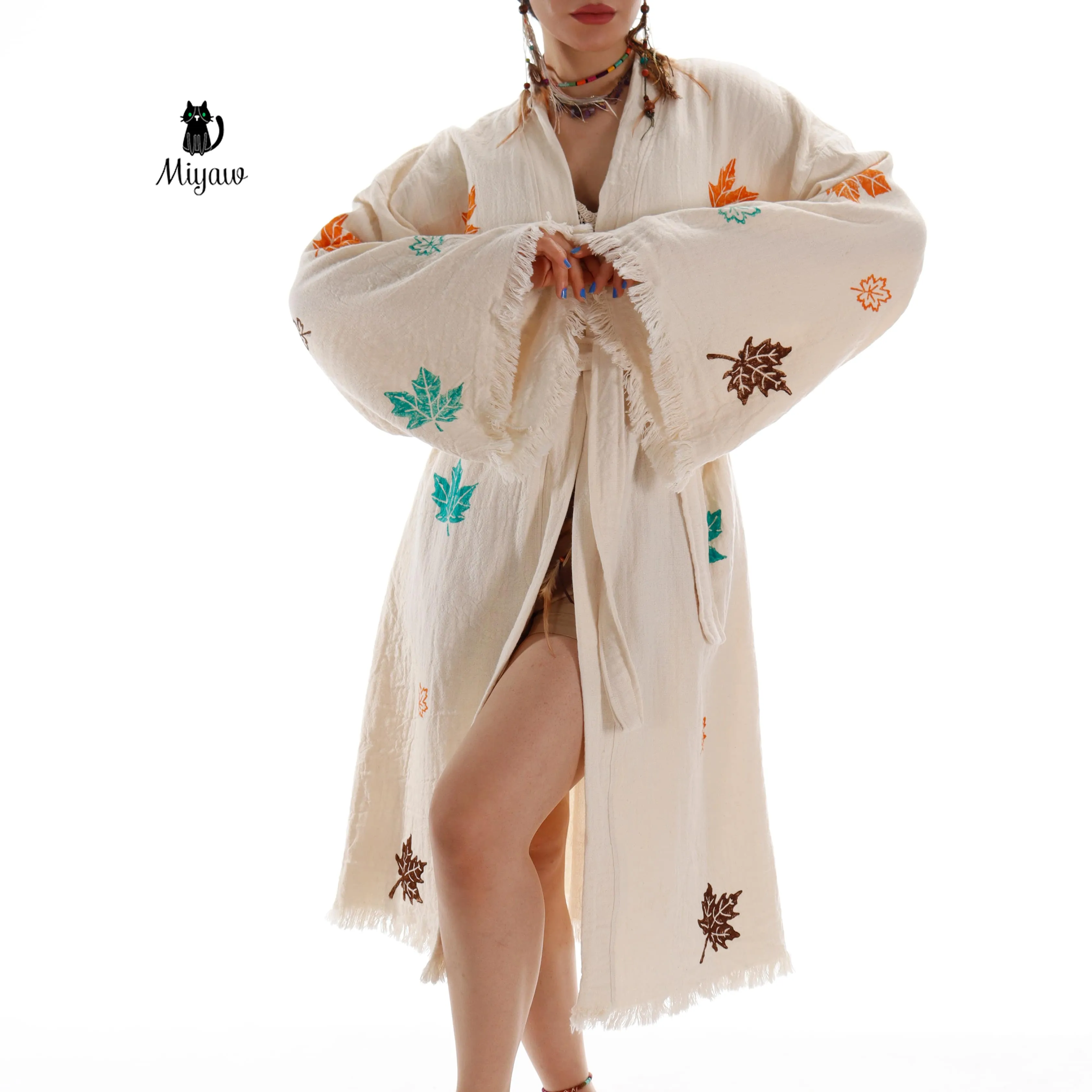Beach Kimono Robe Boho Style – Colorful Leaf Print, Organic Cotton sold by Miyaw Fashion product image thumbnail 3