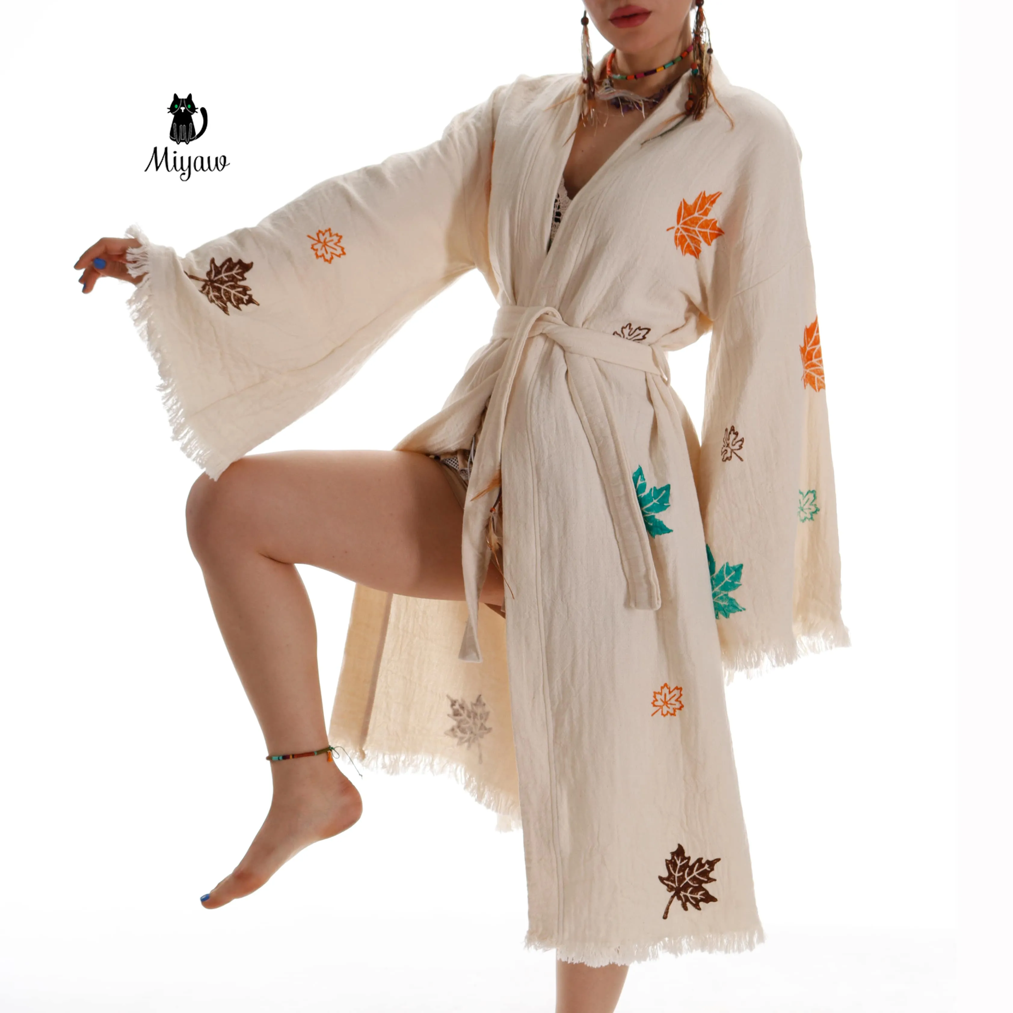 Beach Kimono Robe Boho Style – Colorful Leaf Print, Organic Cotton sold by Miyaw Fashion