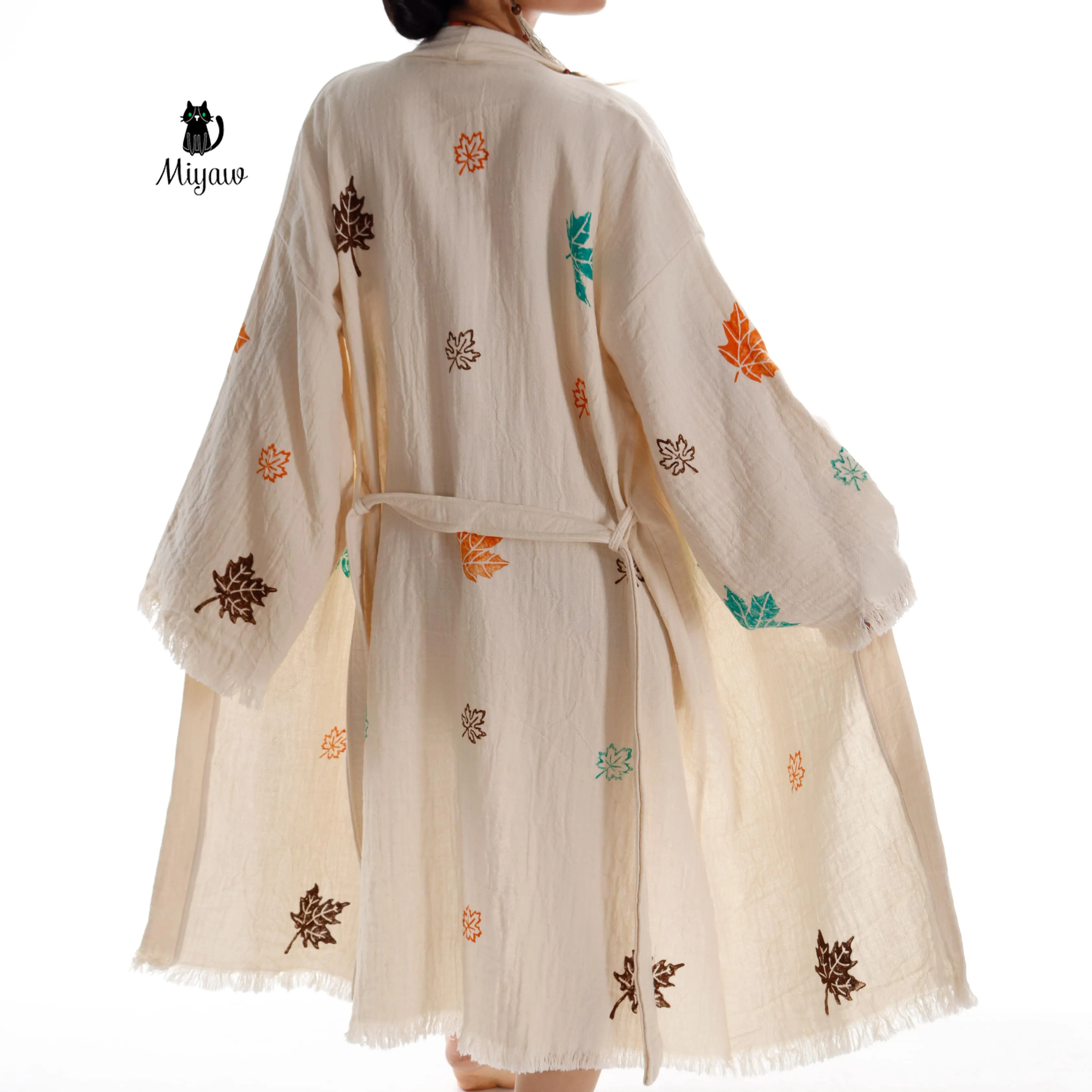 Beach Kimono Robe Boho Style – Colorful Leaf Print, Organic Cotton sold by Miyaw Fashion product image thumbnail 4
