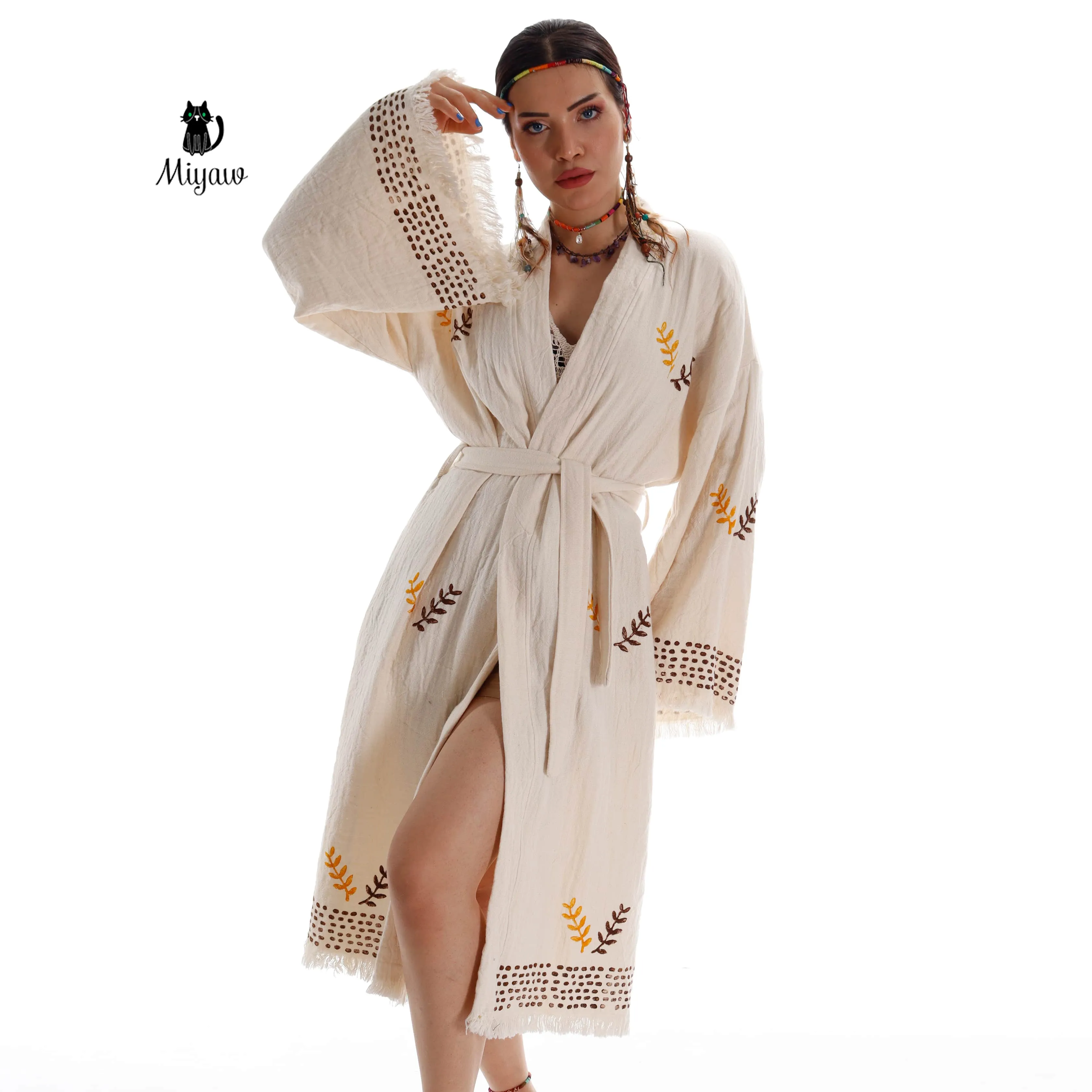 Coffee and Mustard Boho Kimono Robe with Leaf Print sold by Miyaw Fashion product image thumbnail 5