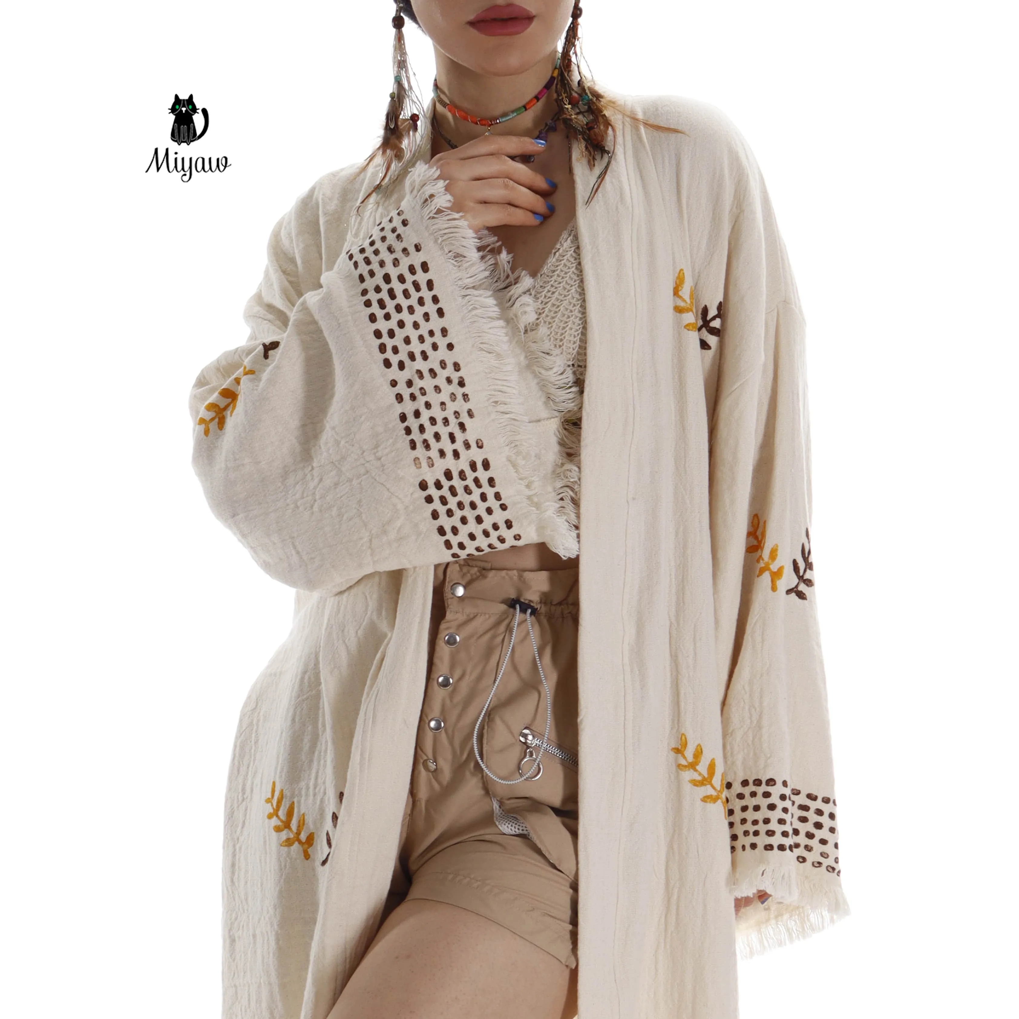 Coffee and Mustard Boho Kimono Robe with Leaf Print sold by Miyaw Fashion product image thumbnail 2