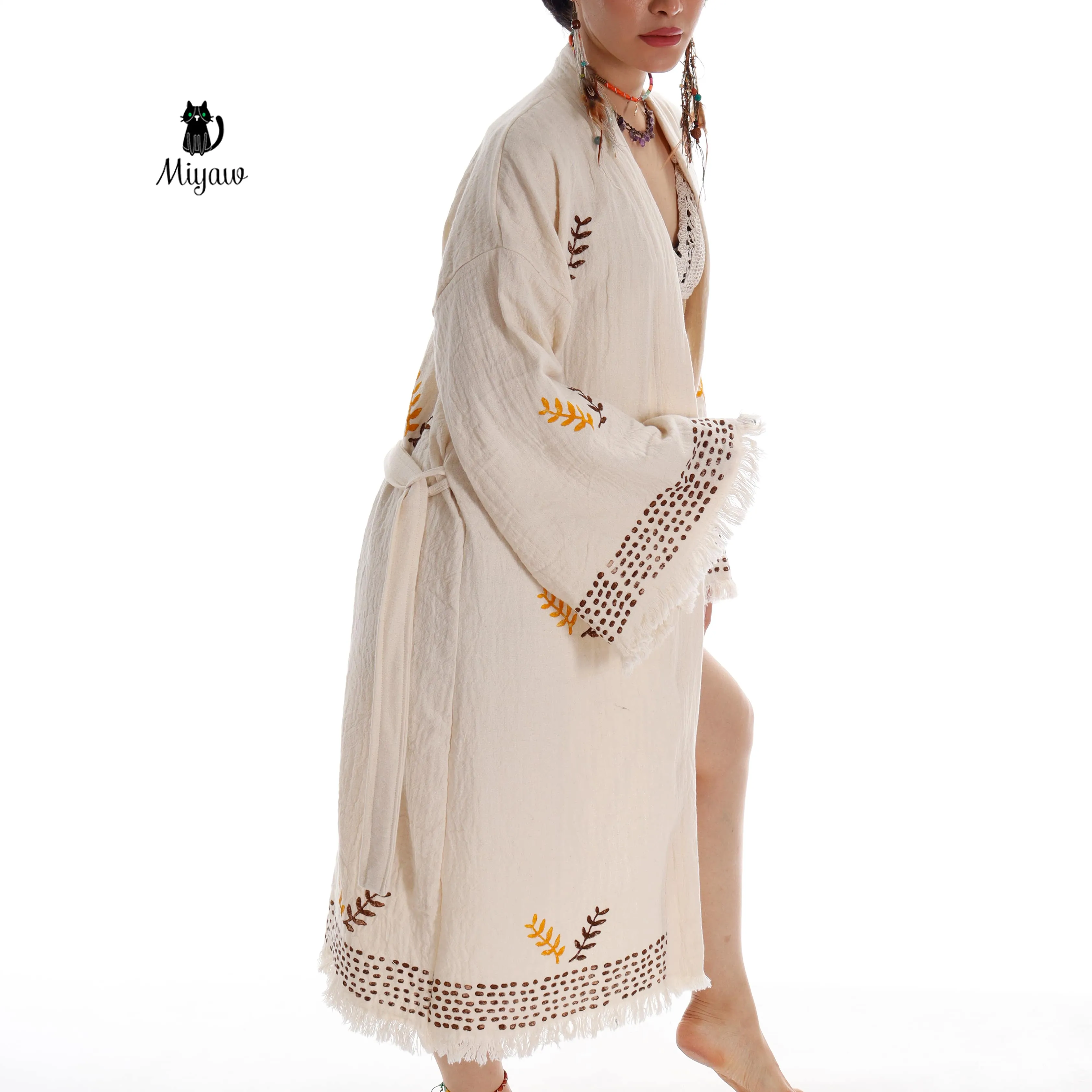 Coffee and Mustard Boho Kimono Robe with Leaf Print sold by Miyaw Fashion product image thumbnail 3