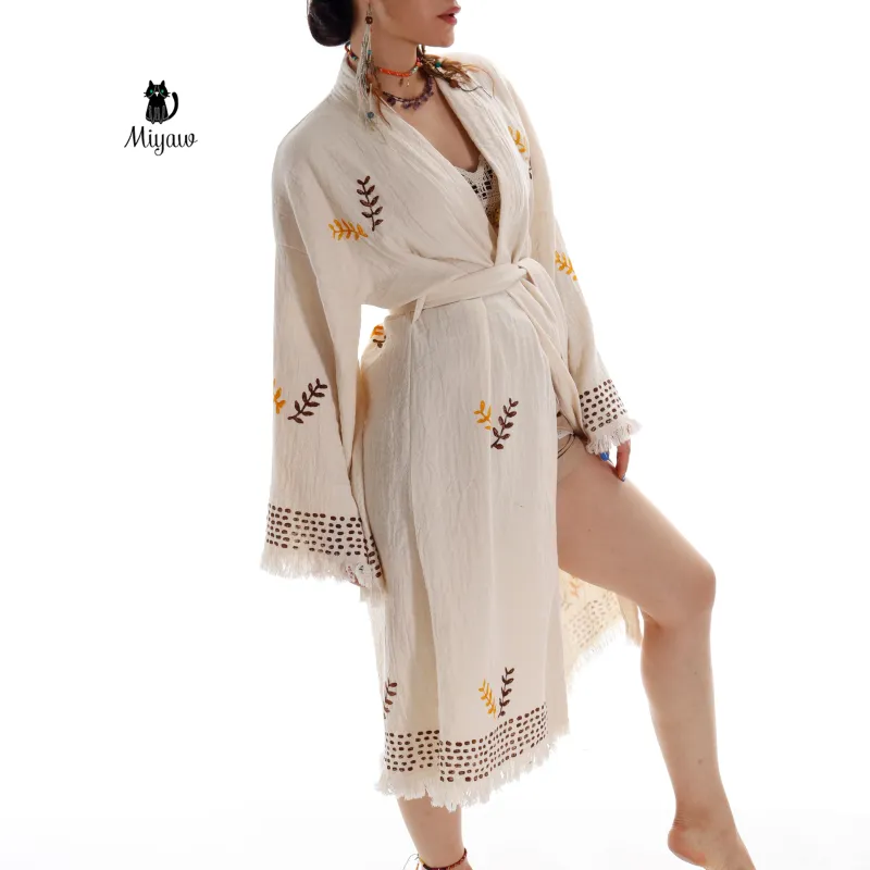 Coffee and Mustard Boho Kimono Robe with Leaf Print sold by Miyaw Fashion