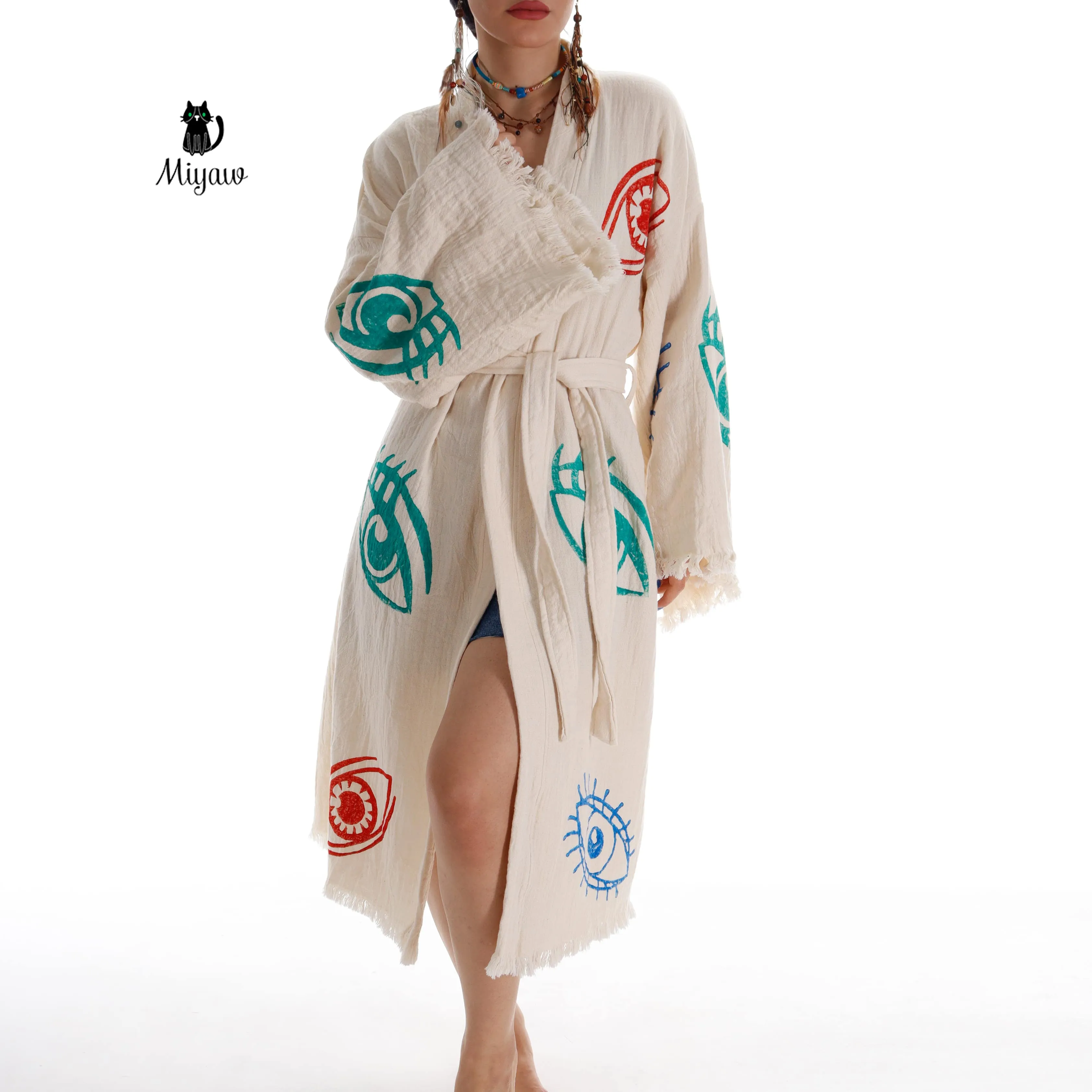 Colorful Eyes-Stamped Boho Beach Kimono | Handmade with Organic Cotton sold by Miyaw Fashion product image thumbnail 5