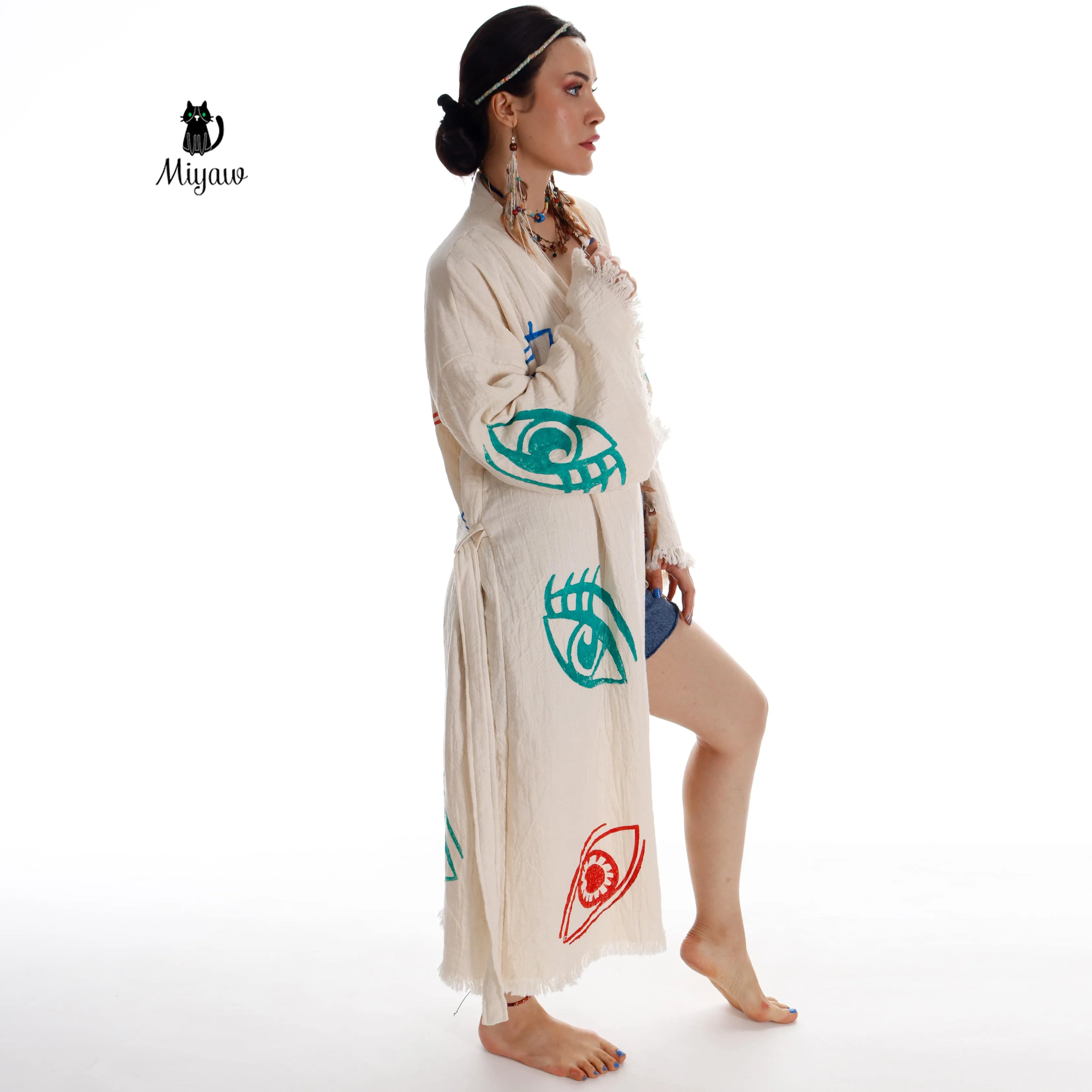 Colorful Eyes-Stamped Boho Beach Kimono | Handmade with Organic Cotton sold by Miyaw Fashion product image thumbnail 2