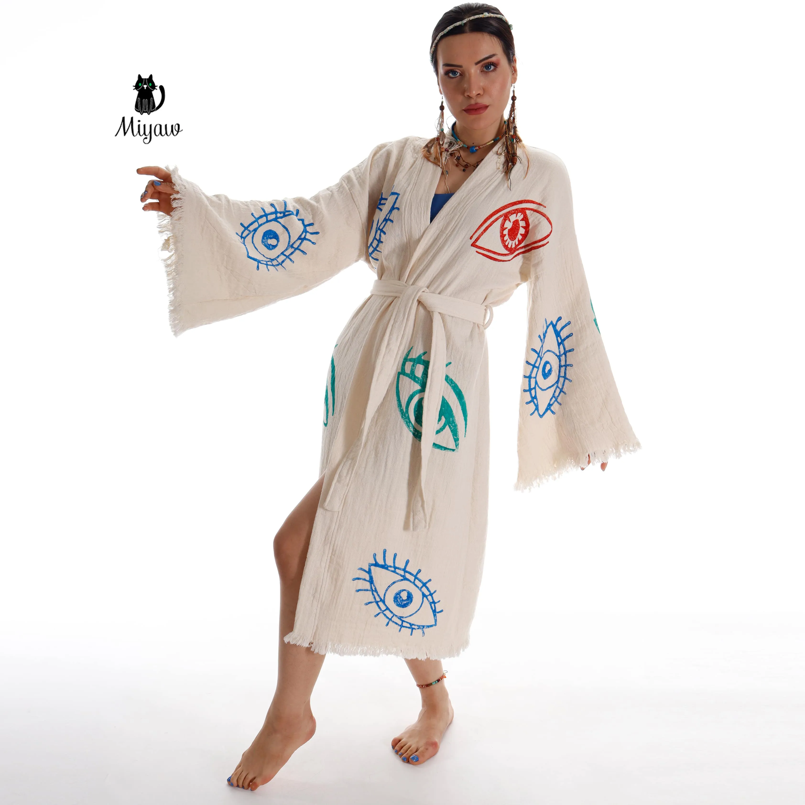 Colorful Eyes-Stamped Boho Beach Kimono | Handmade with Organic Cotton sold by Miyaw Fashion