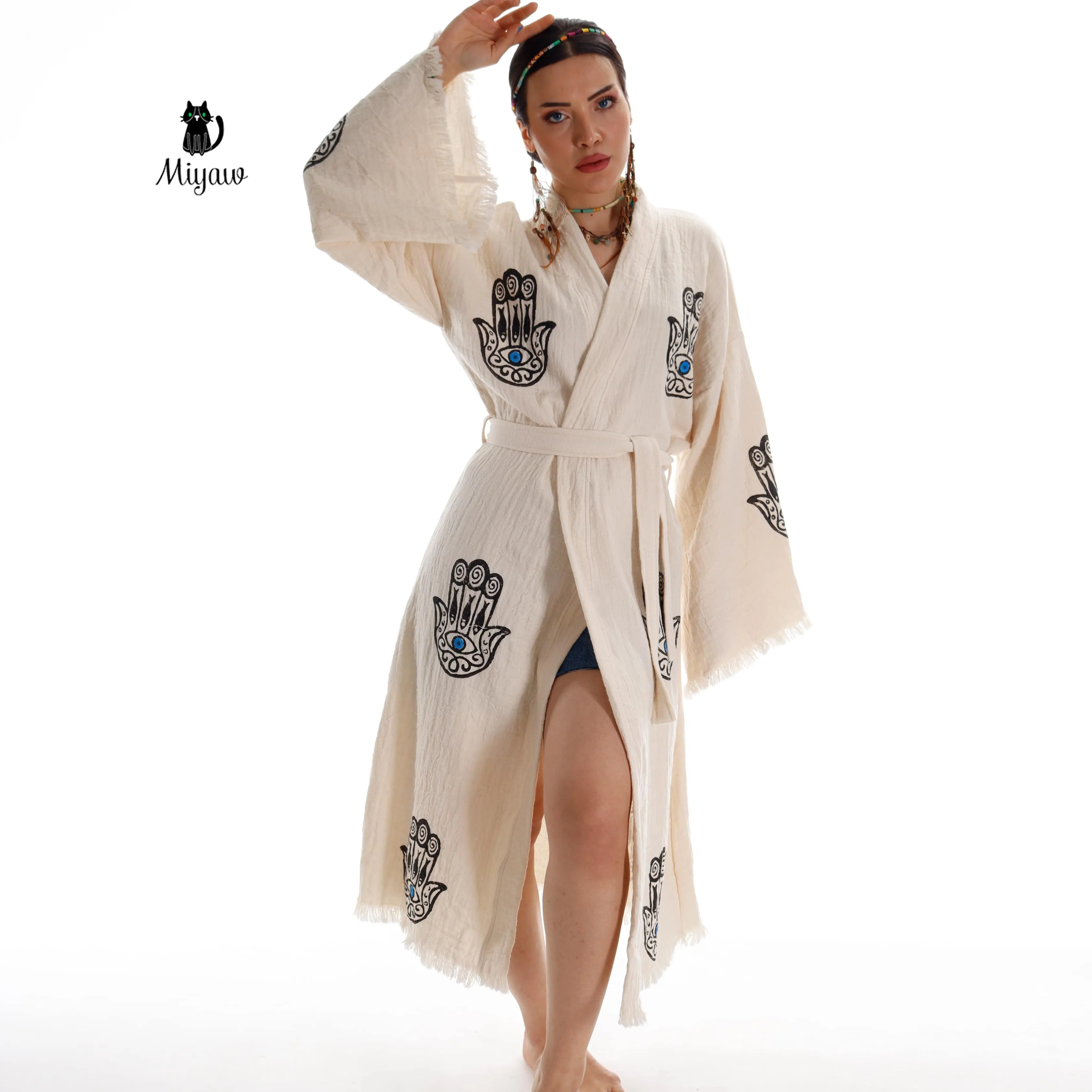 Handcrafted Boho Beach Kimono Bathrobe with Talisman Stamp sold by Miyaw Fashion product image thumbnail 3