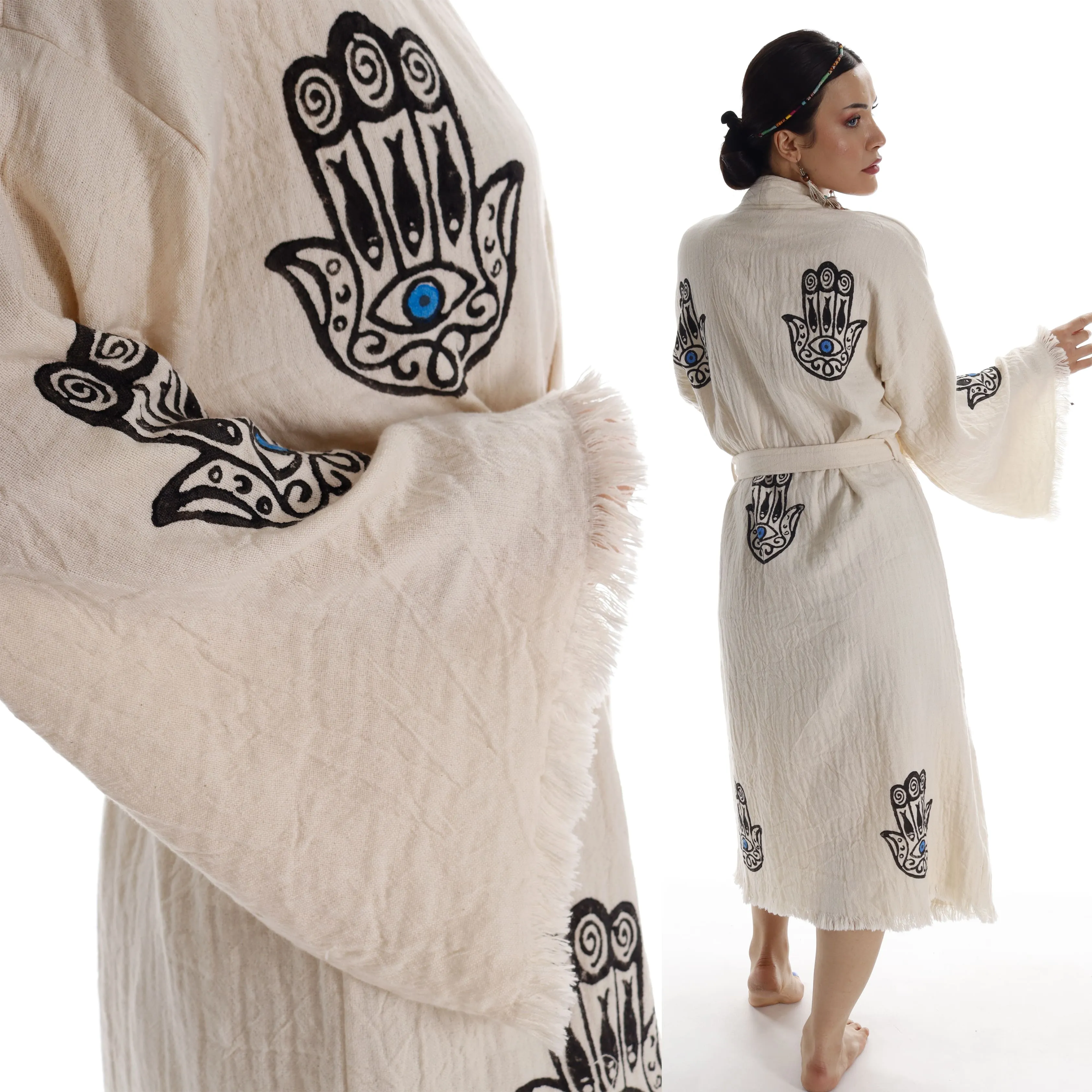 Handcrafted Boho Beach Kimono Bathrobe with Talisman Stamp sold by Miyaw Fashion