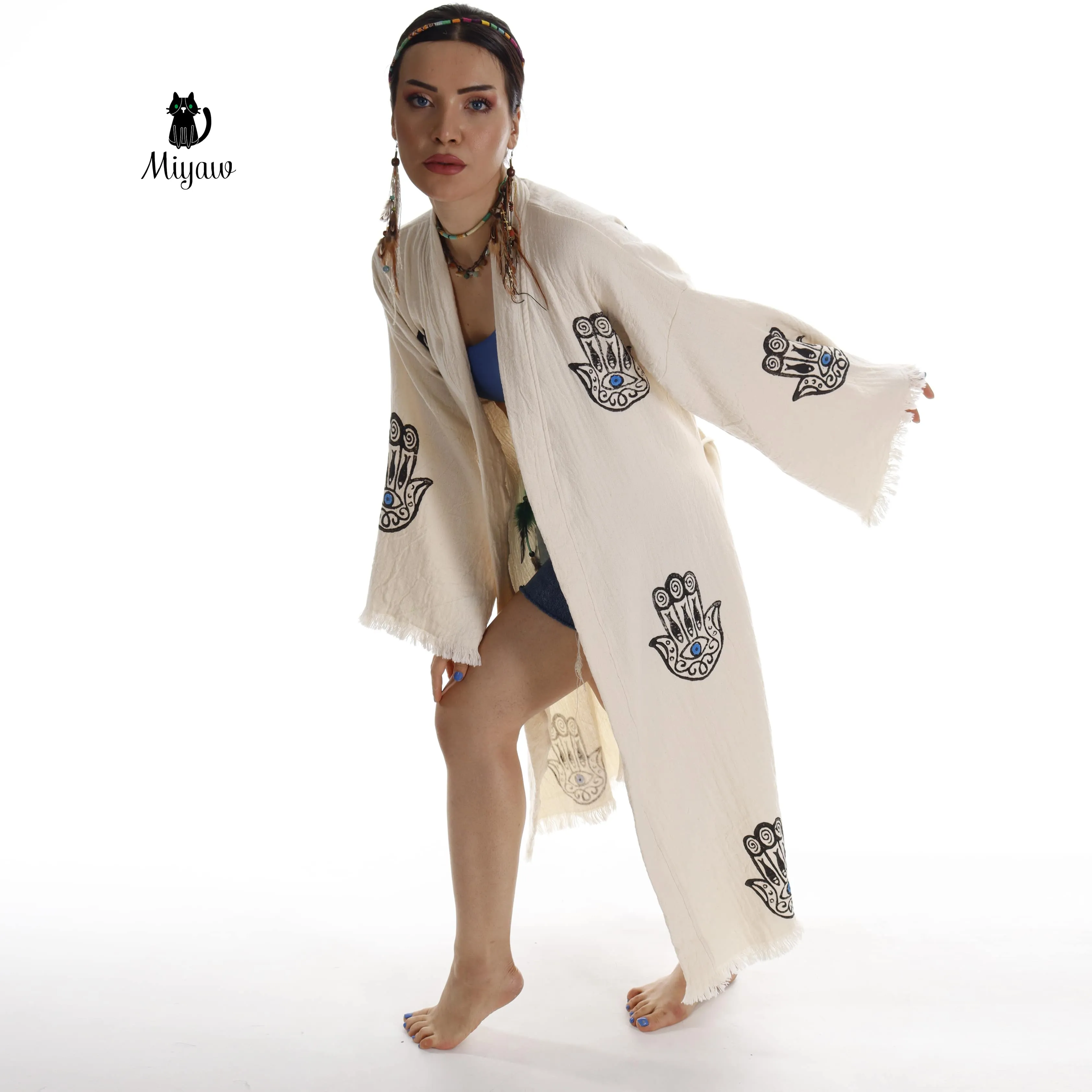 Handcrafted Boho Beach Kimono Bathrobe with Talisman Stamp sold by Miyaw Fashion product image thumbnail 4