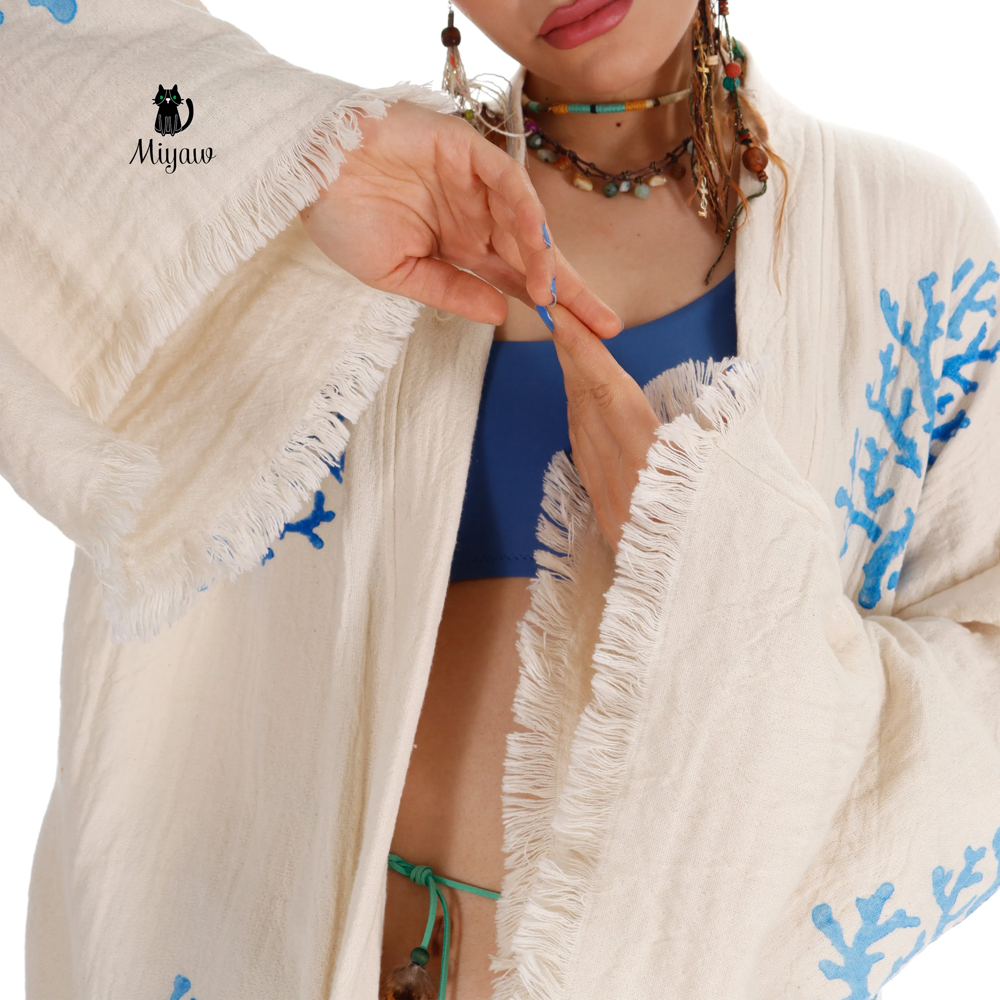 Handcrafted Organic Cotton Kimono in Blue Sea Coral sold by Miyaw Fashion product image thumbnail 5