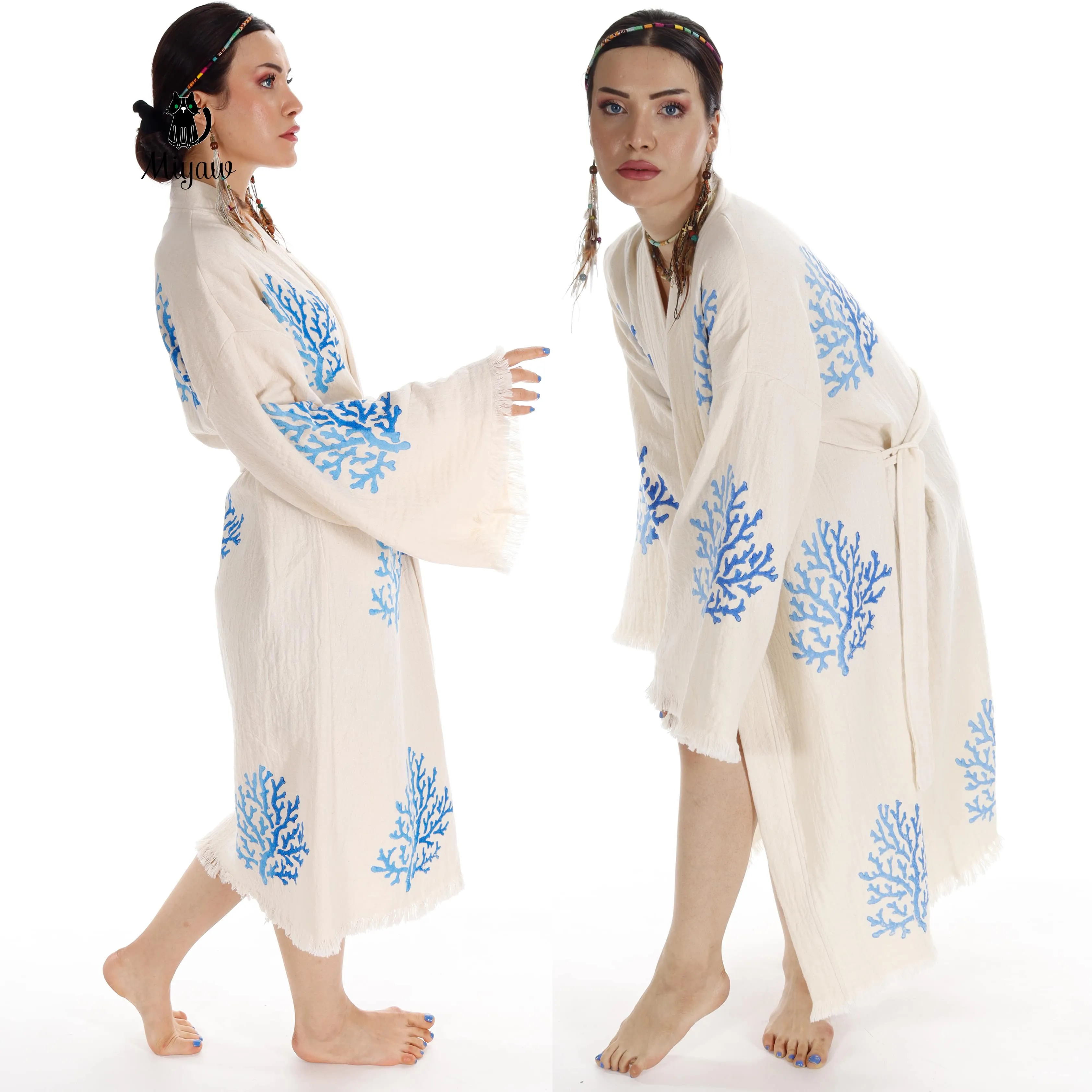Handcrafted Organic Cotton Kimono in Blue Sea Coral sold by Miyaw Fashion product image thumbnail 2
