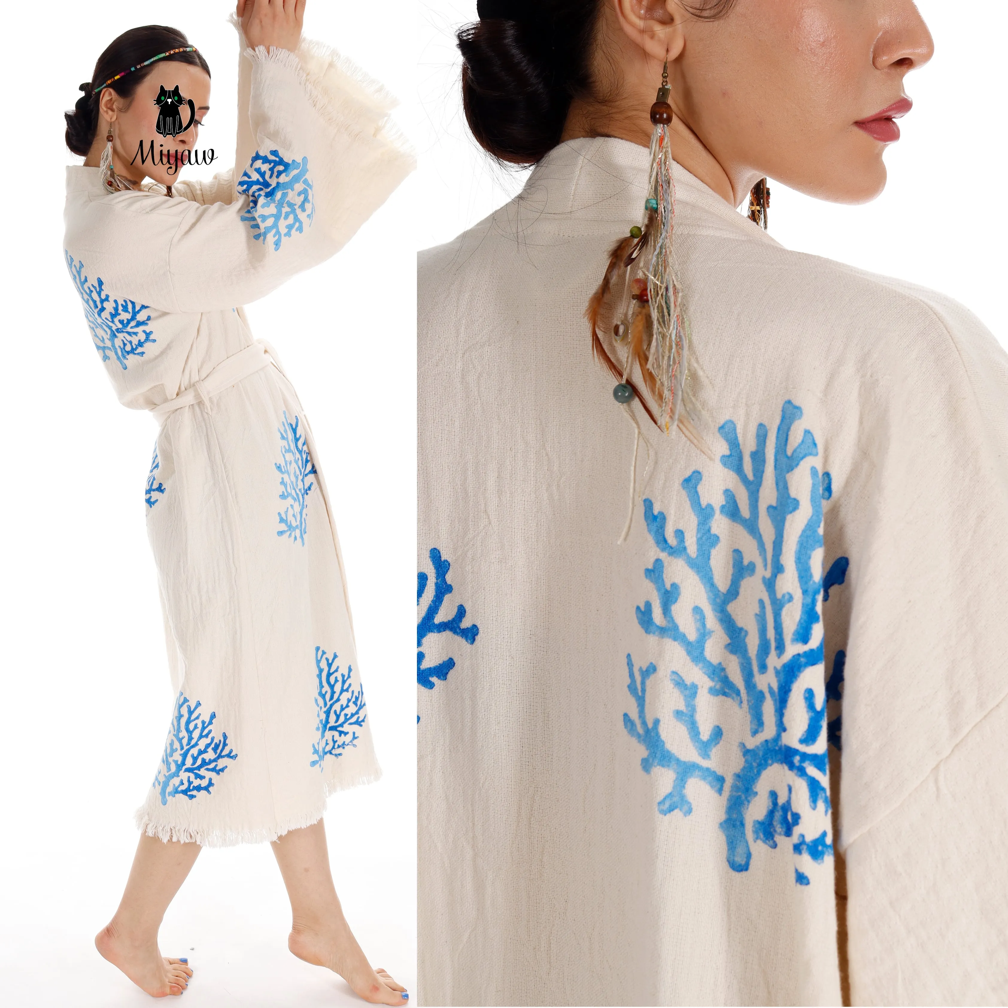 Handcrafted Organic Cotton Kimono in Blue Sea Coral sold by Miyaw Fashion product image thumbnail 3