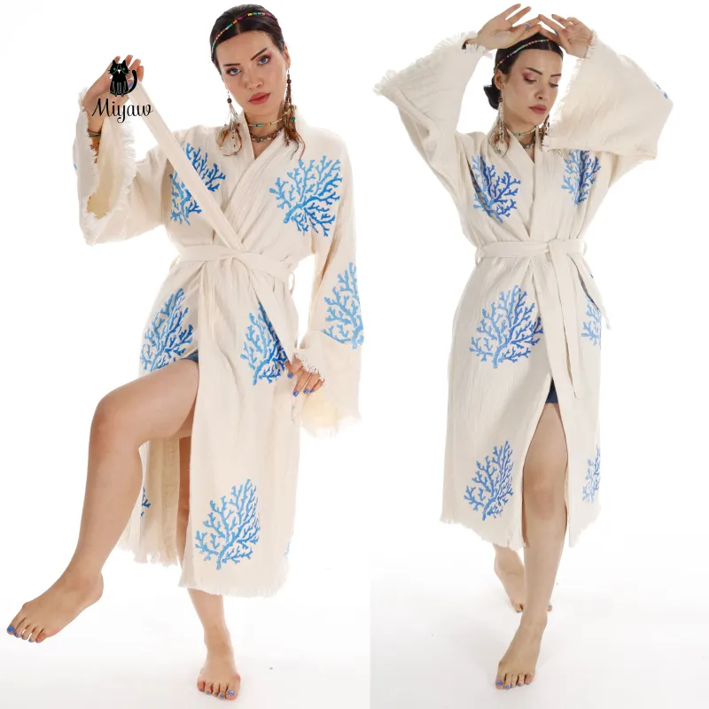 Handcrafted Organic Cotton Kimono in Blue Sea Coral sold by Miyaw Fashion