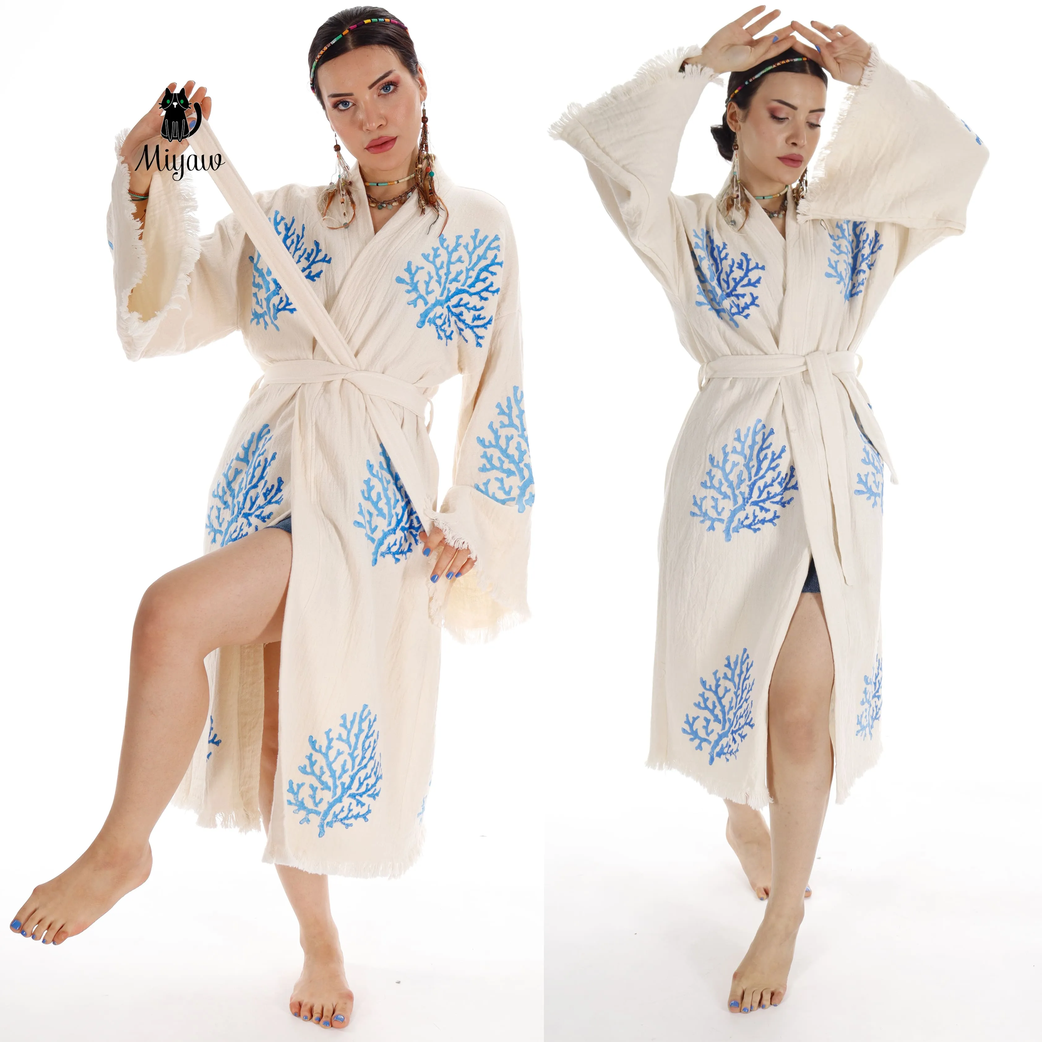 Handcrafted Organic Cotton Kimono in Blue Sea Coral sold by Miyaw Fashion