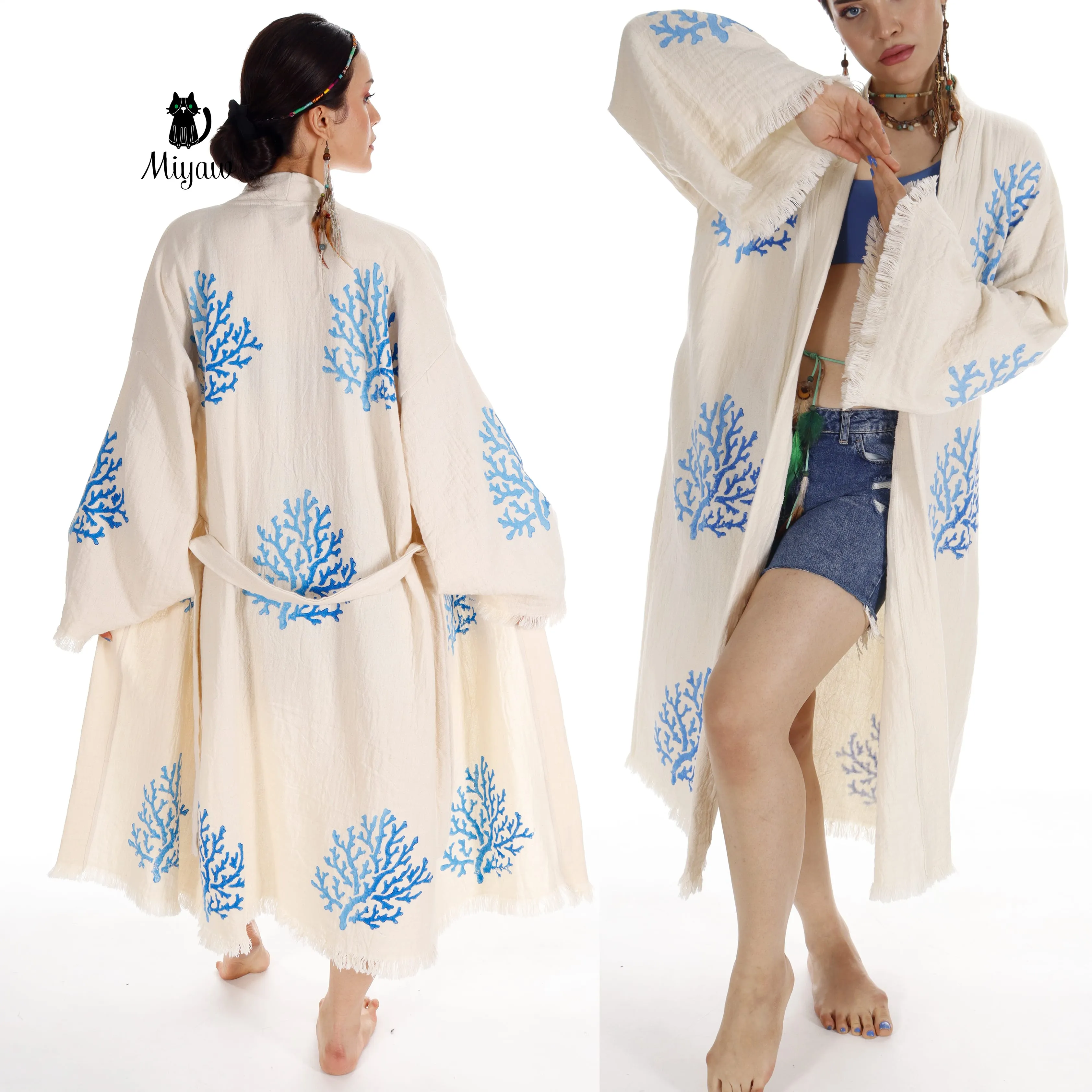 Handcrafted Organic Cotton Kimono in Blue Sea Coral sold by Miyaw Fashion product image thumbnail 4