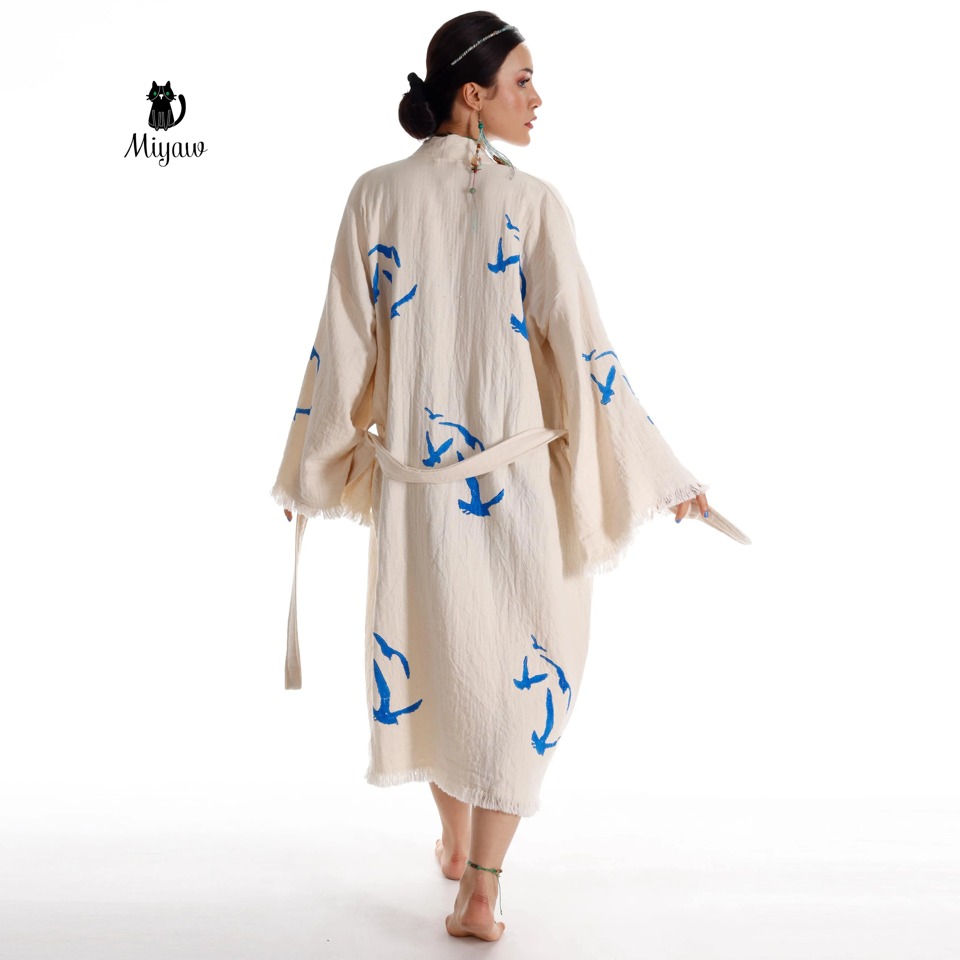 Handcrafted Seagull Print Kimono Robe in Organic Cotton - Bohemian Beach Cover Up sold by Miyaw Fashion product image thumbnail 4