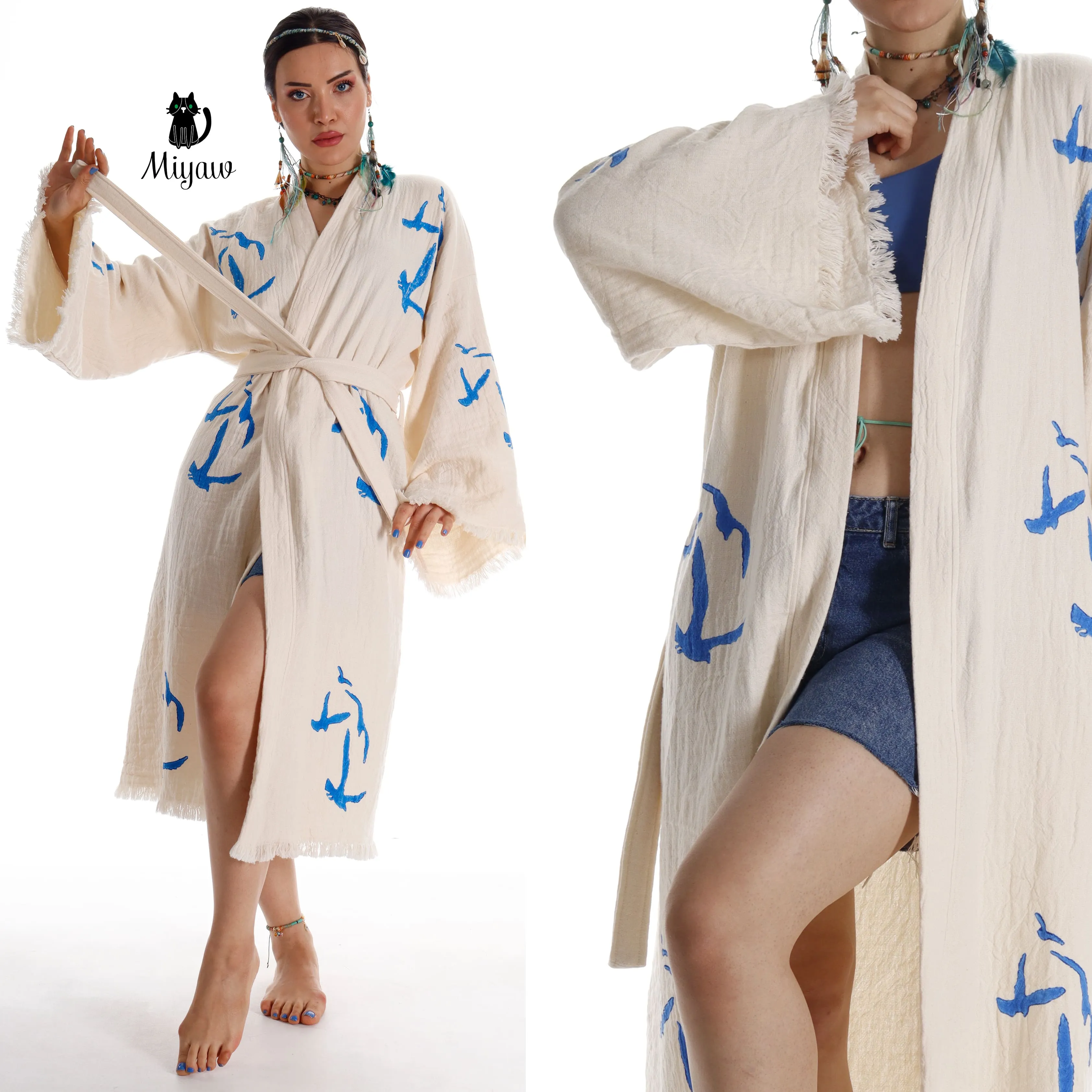 Handcrafted Seagull Print Kimono Robe in Organic Cotton - Bohemian Beach Cover Up sold by Miyaw Fashion product image thumbnail 2
