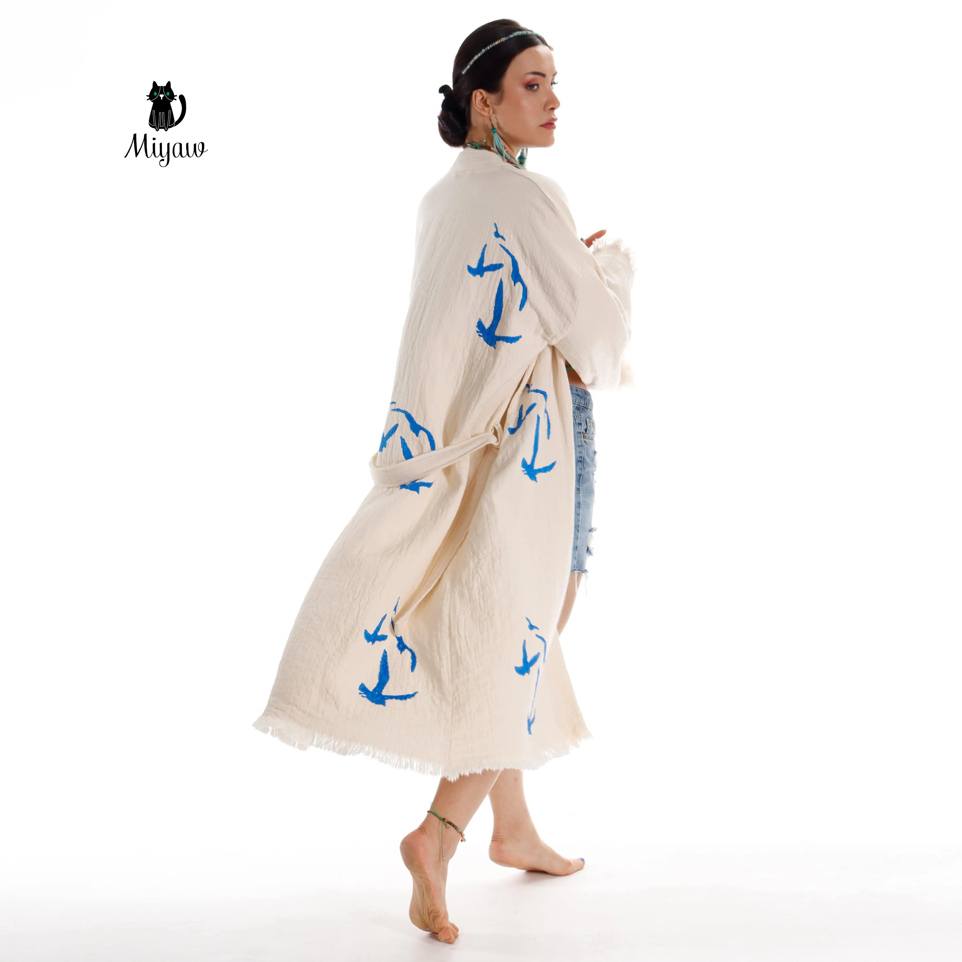 Handcrafted Seagull Print Kimono Robe in Organic Cotton - Bohemian Beach Cover Up sold by Miyaw Fashion product image thumbnail 5
