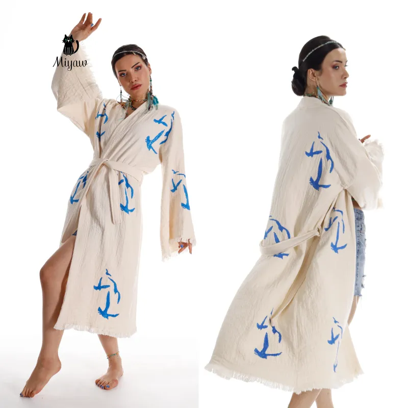 Handcrafted Seagull Print Kimono Robe in Organic Cotton - Bohemian Beach Cover Up sold by Miyaw Fashion